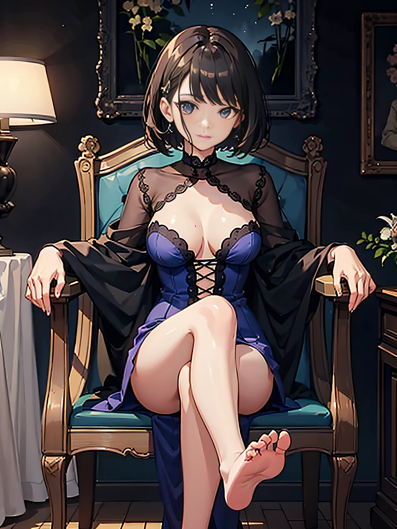 breasts, from_below, toes, crossed_arms, shiny_skin, girl,woman,female, young,20 years old, short hair, brown hair, Authentic and detailed face, light smile, complex details beautiful and delicate eyes, closed_mouth, Delicate arms and hands, human hands, cleavage, black eyes, short_dress, skindentation, blue Clothes, indoors, bloom, wallpaper 8k CG, highres, extremely CG,