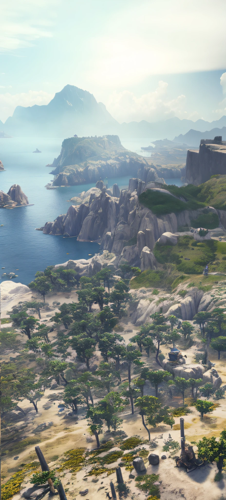 There is a photo,A man stands on a cliff overlooking a body of water, pc screenshot, loadscreen”, ultra-Realstic, beautiful screenshot, screenshot from game, epic matte painting of an island, immensely detailed scene, high quality screenshot, gameplay still, screengrab, game map matte painting, video game screenshot>, screenshot from game, beautiful high resolution
