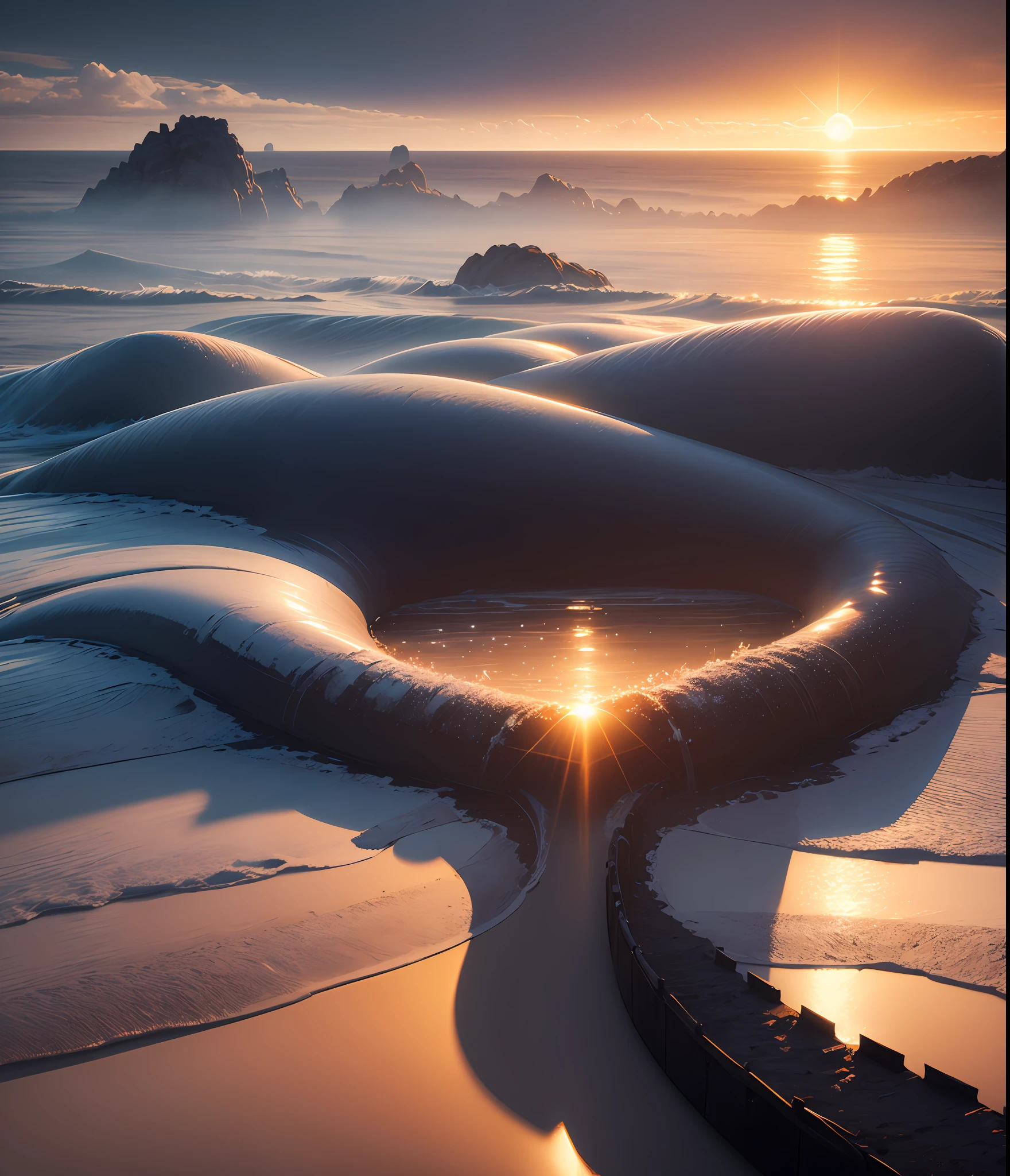 A brilliant landscape of sun, sky, the sea stretched out to the horizon a richly colored ominous misty Ligne Claire fantasy By Georg Flegel as featured on artstation 3D.png --auto