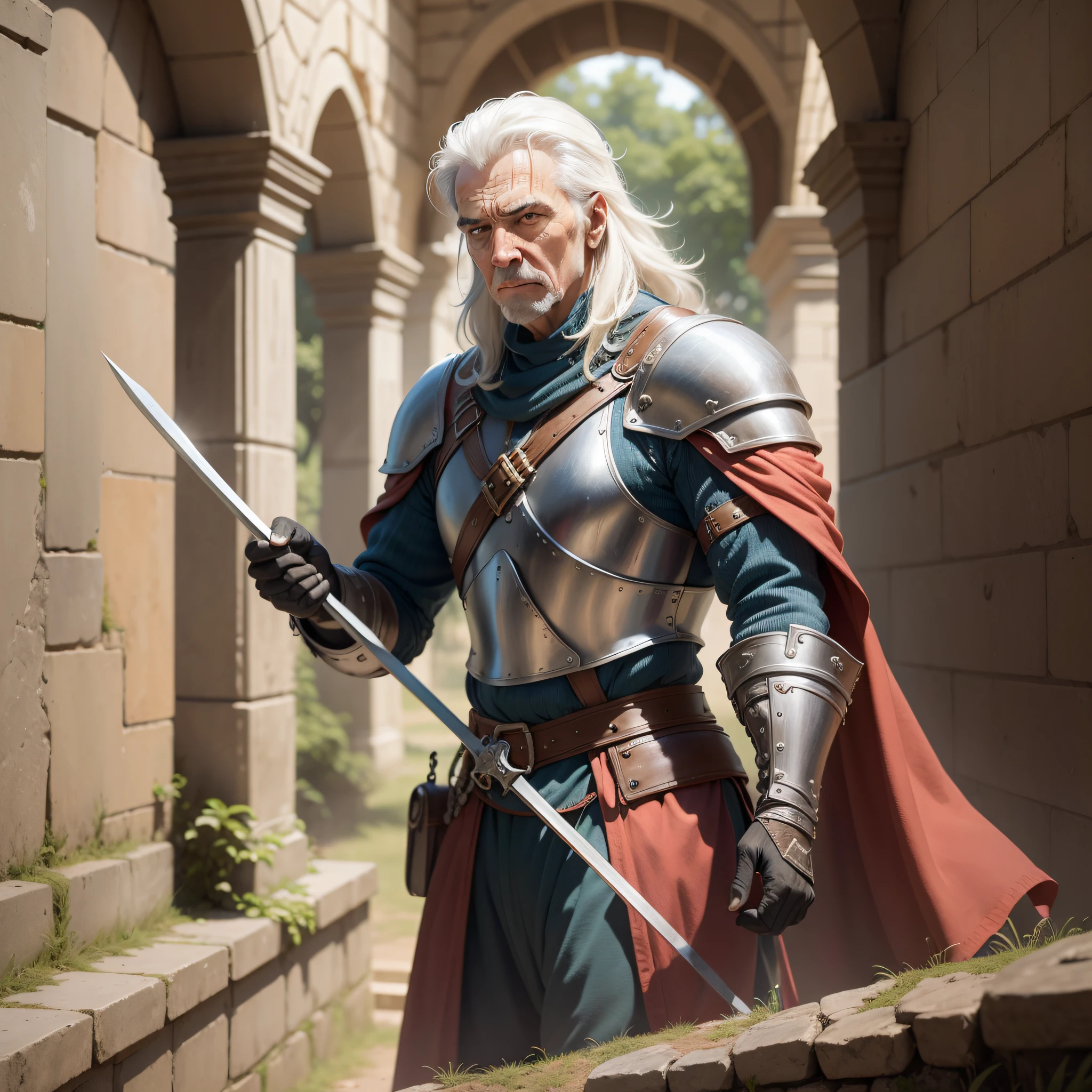 um guerreiro medieval, humano de 65 anos, velho, marcas de batalha