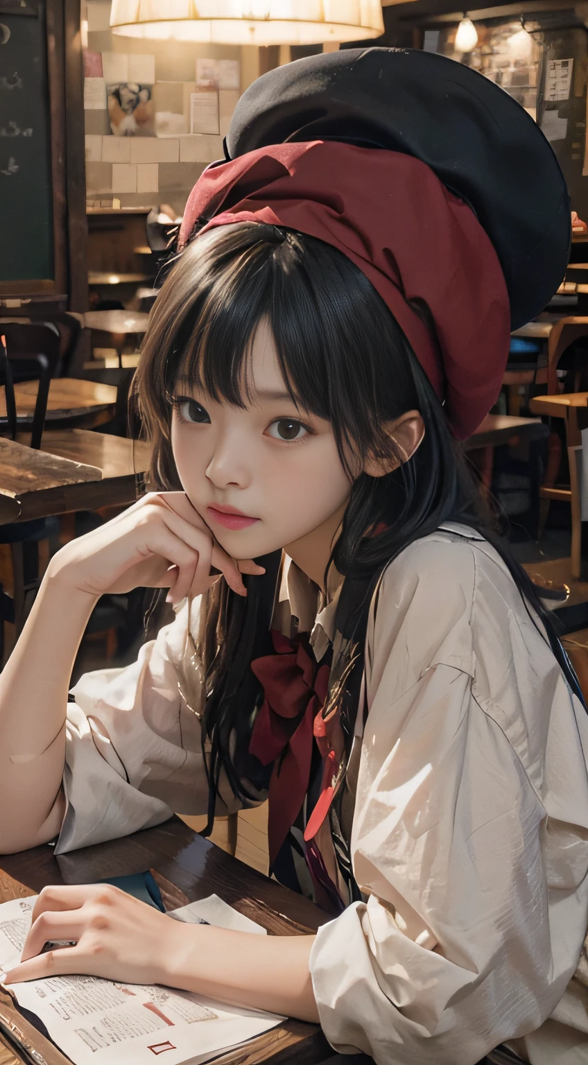 beret, junior high school student with too big, studying in a café, ,