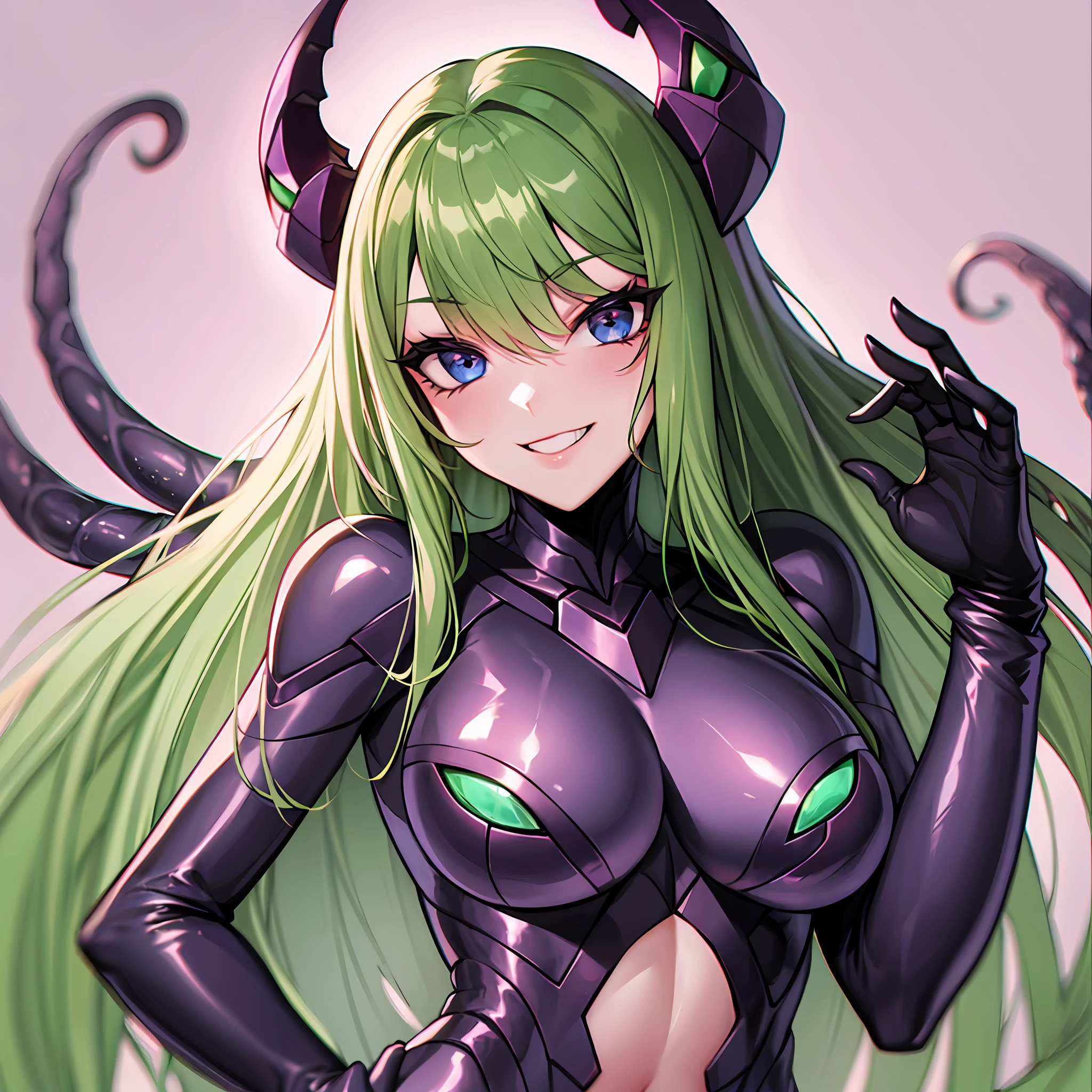 Woman wearing hot water dripping tentacles、Guyver Style、wicked smile、Tentacles and assimilated female servants around、Scarabeleploid、Cel Shade Adult Animation、Metroid Suit、long-hair