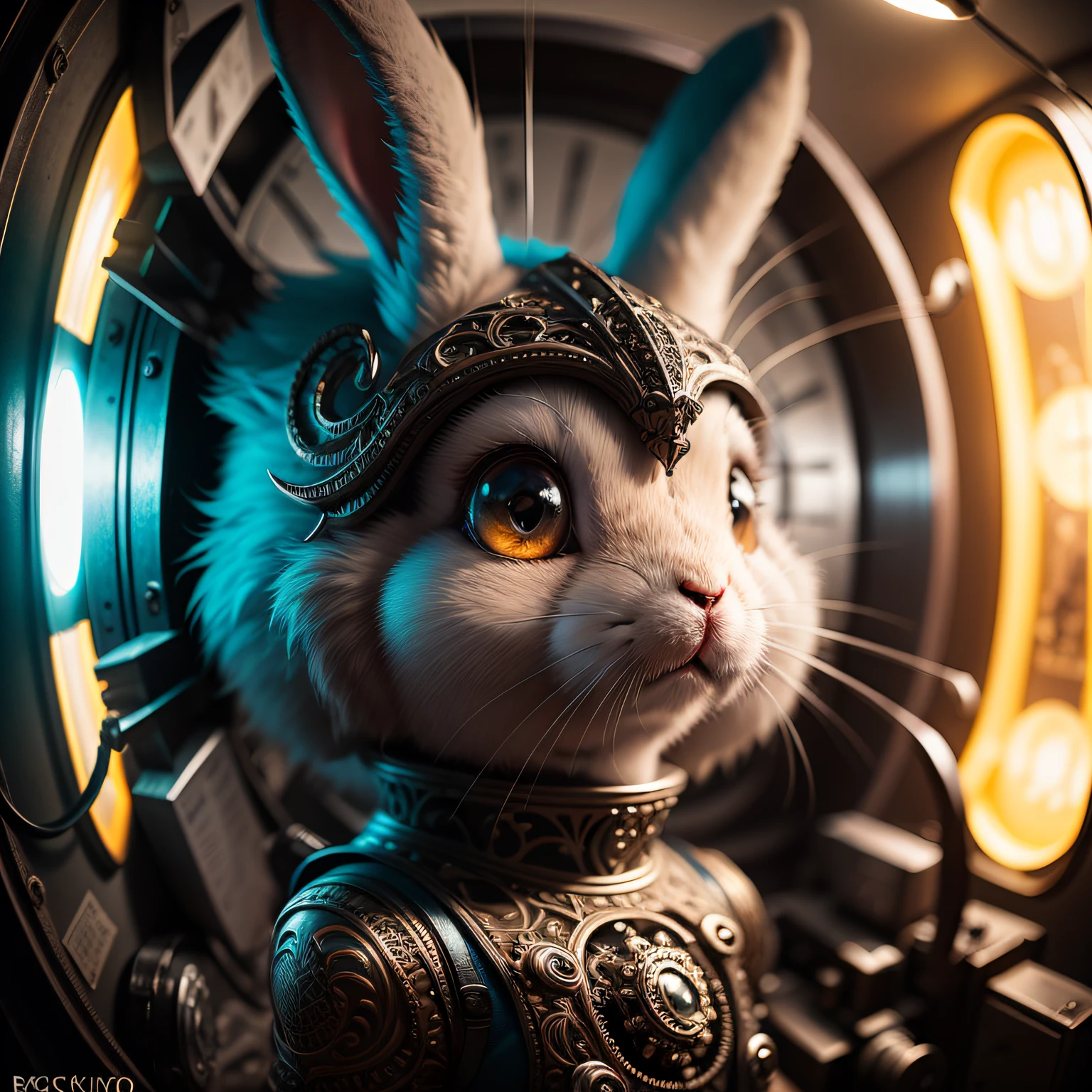 a creepy fluffy rabbit made out of metal, cyborg, cyberpunk style, clockwork, ((intricate details)), hdr, big eyes, ((intricate details, hyperdetailed)), vacuum tube or electron tube, cinematic shot, vignette, bokeh effect beckground