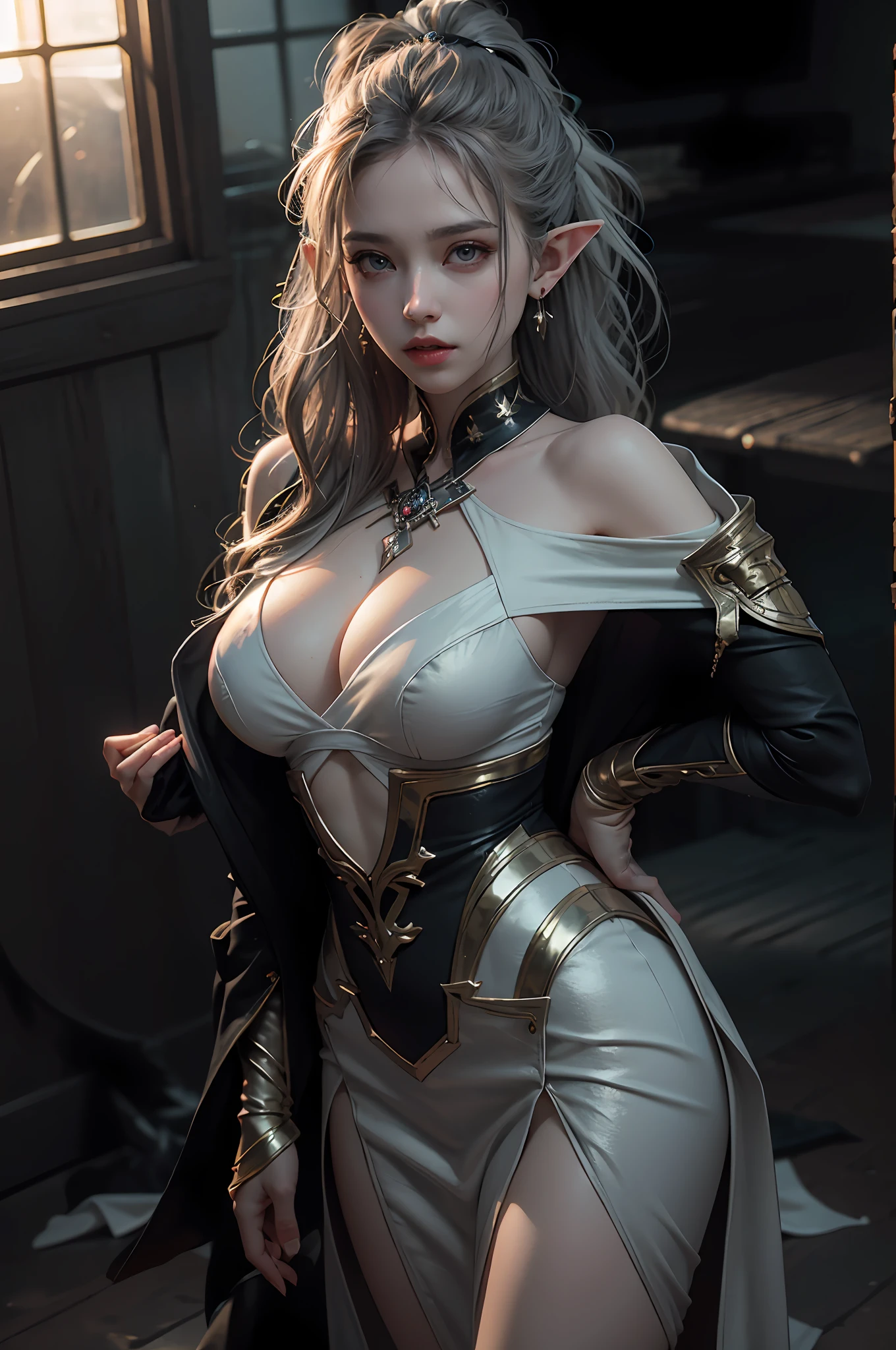 ((best qualiy)), ((A masterpiece)), (detail:1.4), 3D, A beautiful elven fantasy beautiful girl,Elf long ears,ear studs,((Long silver hair,Double ponytail:1.9)),(Purple princess dress:1.4)(Western European medieval style,Metal Temple,:1.6),Metallic sequins,Fantasy wind,close-up to face,Extremely normal hands,Extremely normal legs,hdr(High dynamic range),ray traicing,NVIDIA RTX,ultra res,Unreal 5,Subsurface scattering、PBR Texture、Postprocessing、Anisotropic filtration、depthoffield、Maximum clarity and clarity、Multilayer Texture、Albedo e mapas Speculares、Surface Coloring、Accurate simulation of light-material interactions、perfectly proportioned、octane render aesethic、Two-color light、Large aperture、Low ISO、White balance、rule of thirds、8K RAW