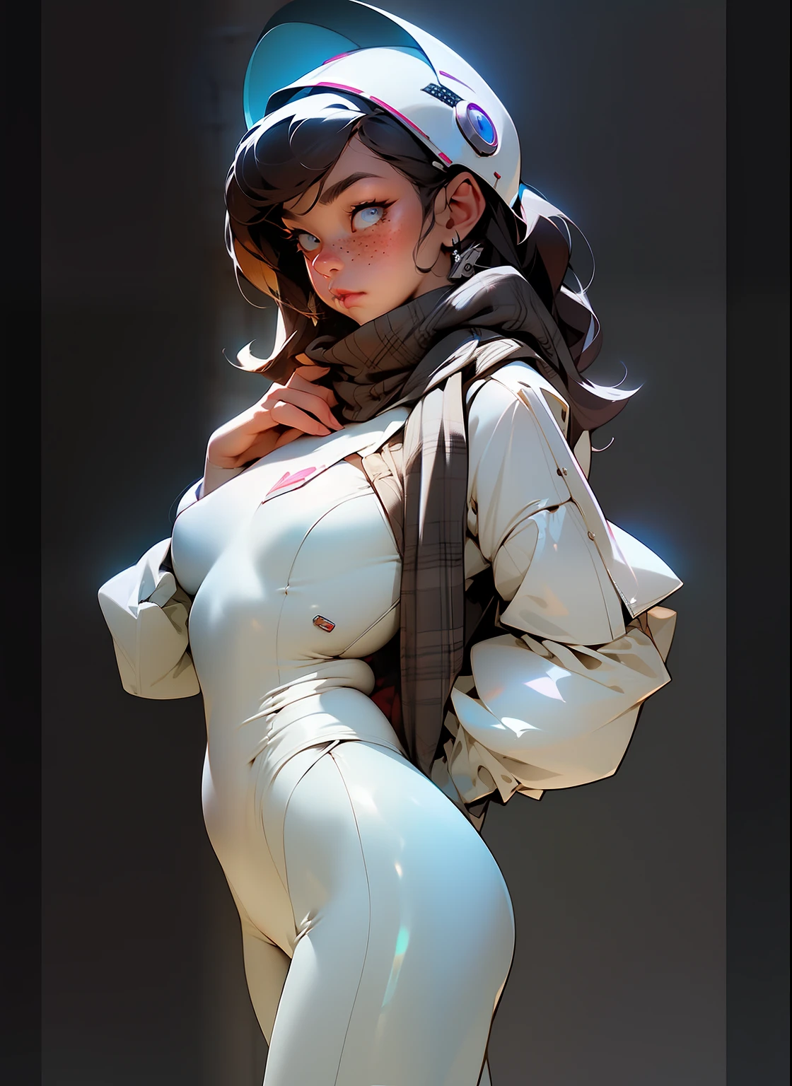 tartan scarf around neck, plaid scarf, (a little bit chubby: 1.7) wide hips, thick thighs, thick body, anatomically correct, (head to toe: 2.0), (full body image: 1.9), 1girls, solo, (Casshern: 1.6), extremely stylized, deviant art, masterpiece, highly detailed, bright eyes, detailed eyes, expressive detailed eyes, wide eyed, detailed pupils, futuristic, ((1950s scifi helmet)), ((pointy helmet)), Rubber Gloss, white pants, blush, (white rubber skinsuit:1.4), white boots, blush, small breasts, ((nipping out:1.5)), (((nipping out))), lots of freckles, super textured detailed skin, entire body image, full body shot, nvinkpunk, professional photograph of alexander_skarsgard,