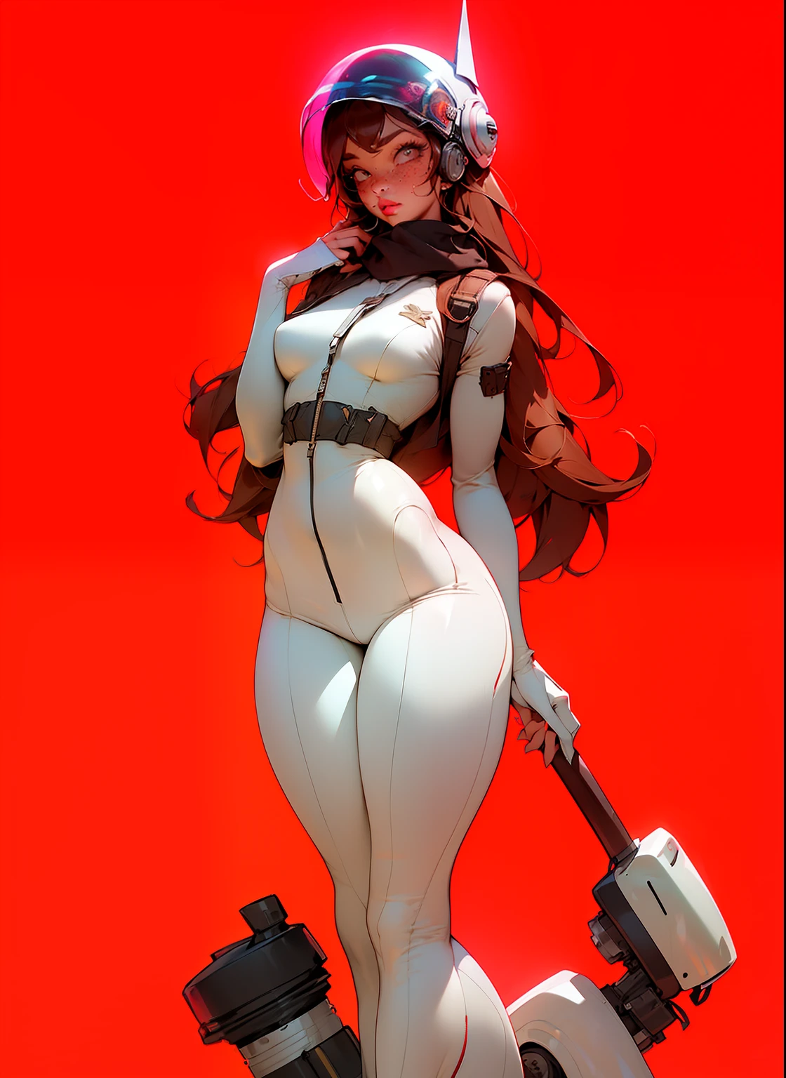 tartan scarf around neck, plaid scarf, (a little bit chubby: 1.7) wide , thick thighs, thick body, anatomically correct, (head to toe: 2.0), (full body image: 1.9), 1girls, solo, (Casshern: 1.6), extremely stylized, deviant art, masterpiece, highly detailed, bright eyes, detailed eyes, expressive detailed eyes, wide eyed, detailed pupils, futuristic, ((1950s scifi helmet)), ((pointy helmet)), Rubber Gloss, white pants, blush, (white rubber skinsuit:1.4), white boots, blush, small , ((nipping out:1.5)), (((nipping out))), lots of freckles, super textured detailed skin, entire body image, full body shot, nvinkpunk, professional photograph of alexander_skarsgard,