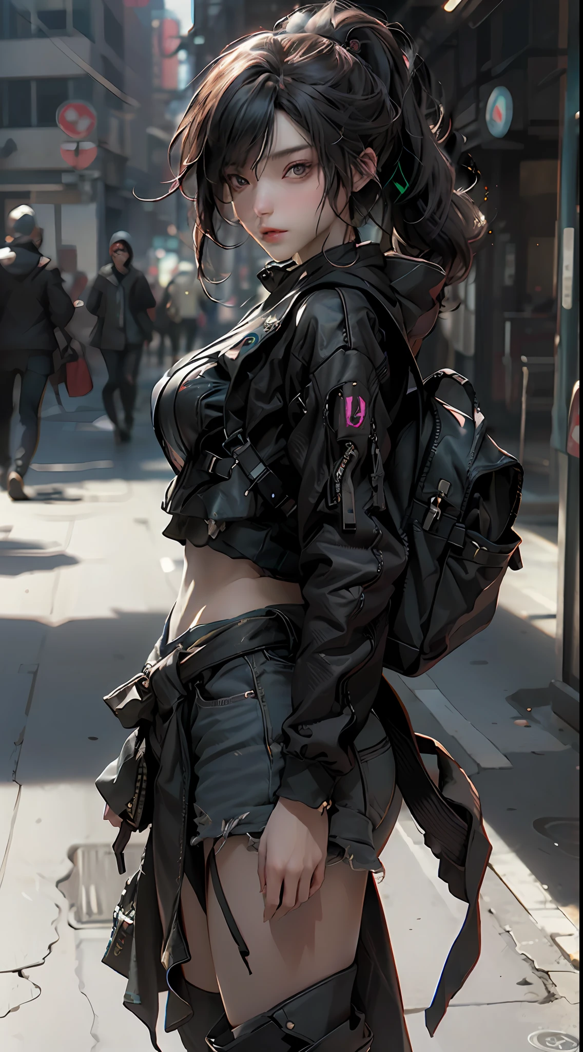 2D, a cyberpunk female figure with a side face, carrying a black backpack, perfect proportions, PBR texture, post-processing, anisotropic filtering, depth of field, maximum sharpness and clarity, multi-layered texture, albedo and highlight maps, surface shading,