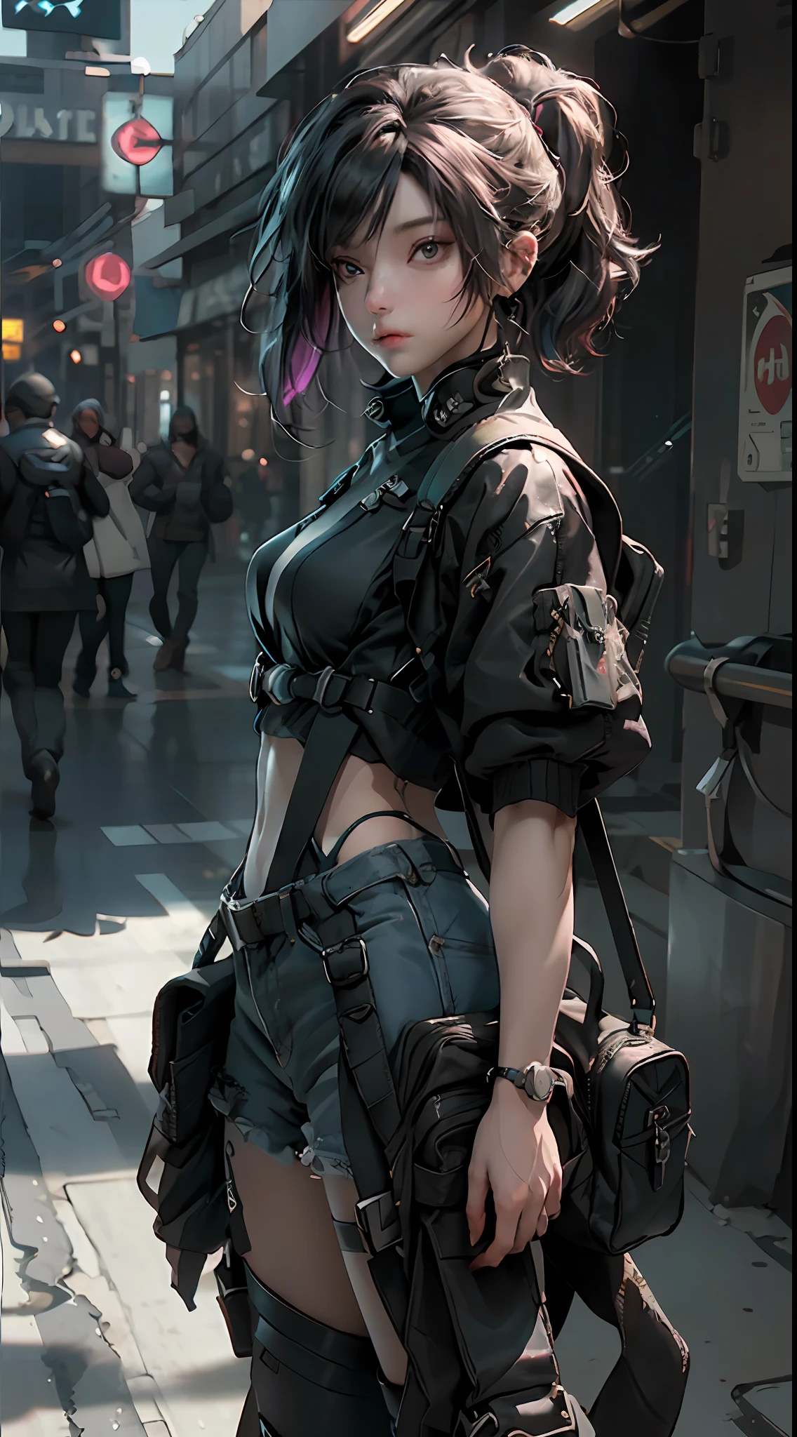 2D, a cyberpunk female figure with a side face, carrying a black backpack, perfect proportions, PBR texture, post-processing, anisotropic filtering, depth of field, maximum sharpness and clarity, multi-layered texture, albedo and highlight maps, surface shading,