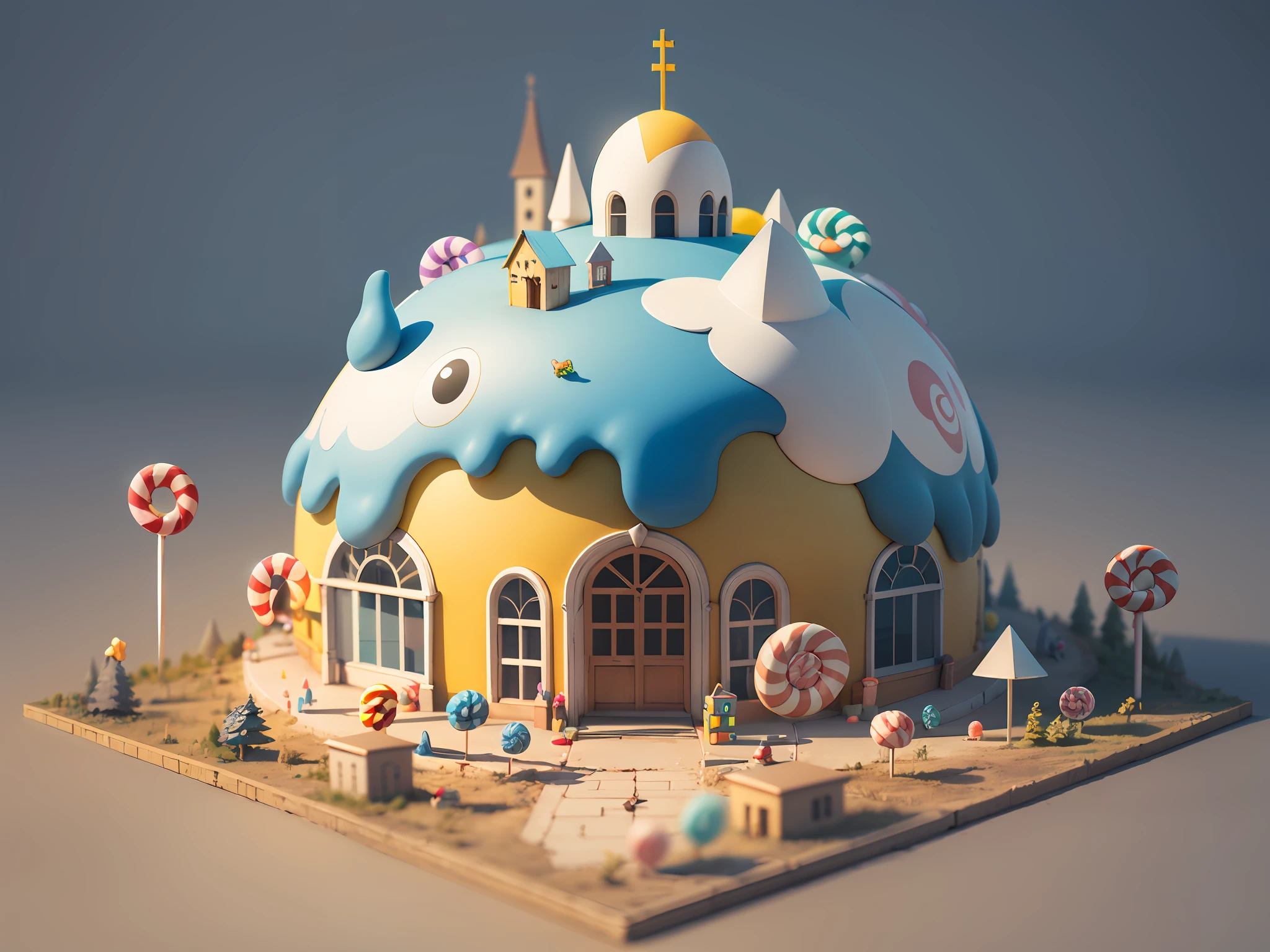 (cute world of candy, full size 3d candyland), highly detailed, super cute, superb lighting, volumetrics, by Jon Klassen, Ghibli Studio style, Tilt - shift, 80mm lens, unreal engine, Large aperture, 3d, blender, masterpiece, super detail, best quality, --v6