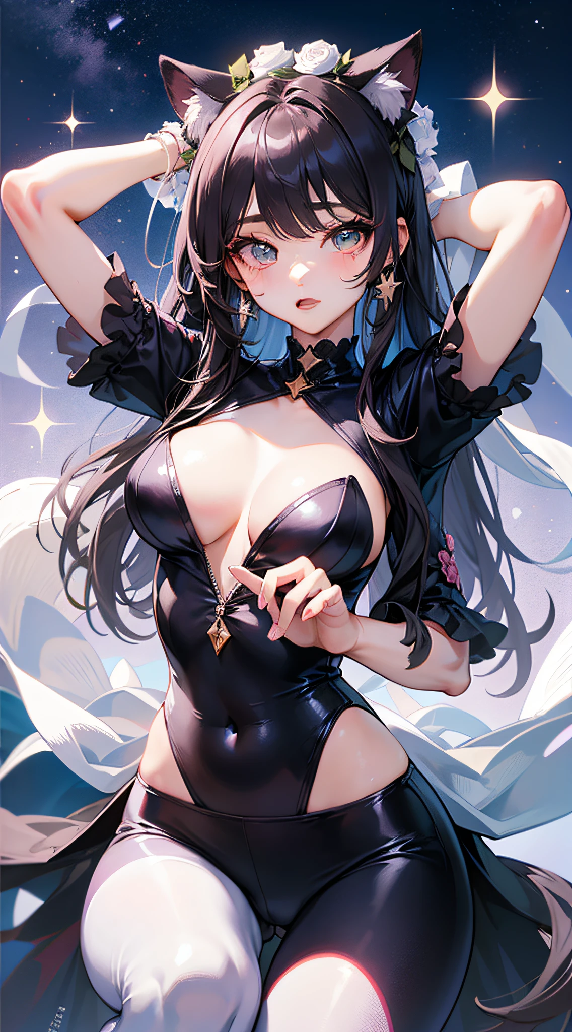 Obra maestra, Ultra detallado, 8k, La mejor calidad:1.6), 1girl, hermosa, (cara super tierna), ojos ultra hermosos, cabello ultra sexy, sexy, kawaii, gatita, ((ulzzang)), estrellas, corazones, (rosa), petite, (white), (leggings)