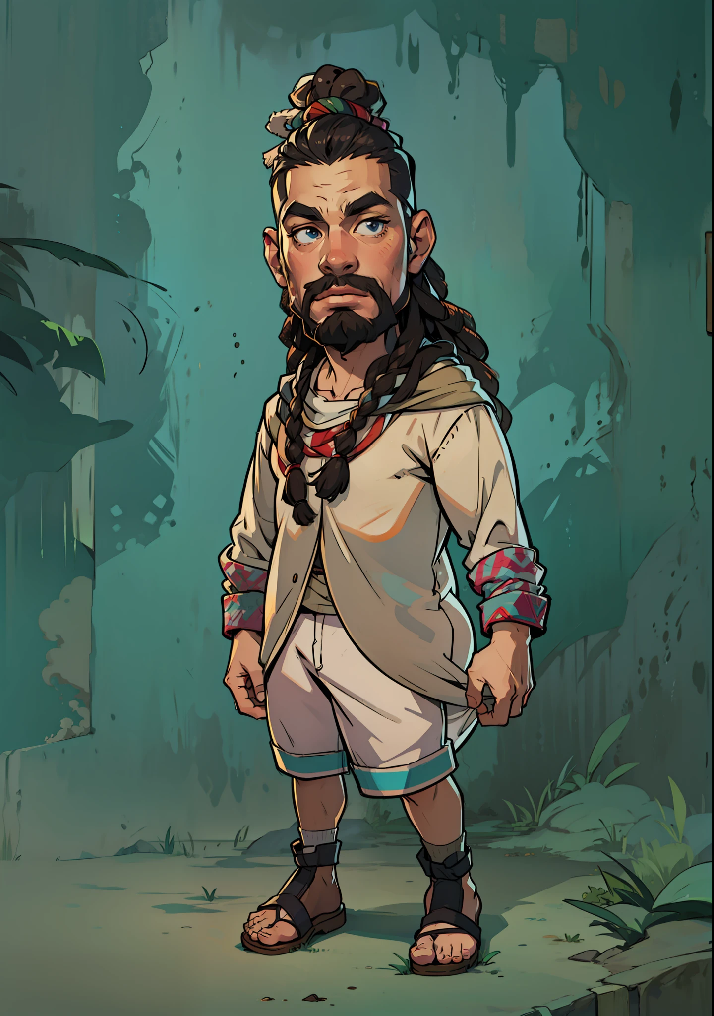 Homem, estilo dos desenhos animados, com dreads no cabelo.