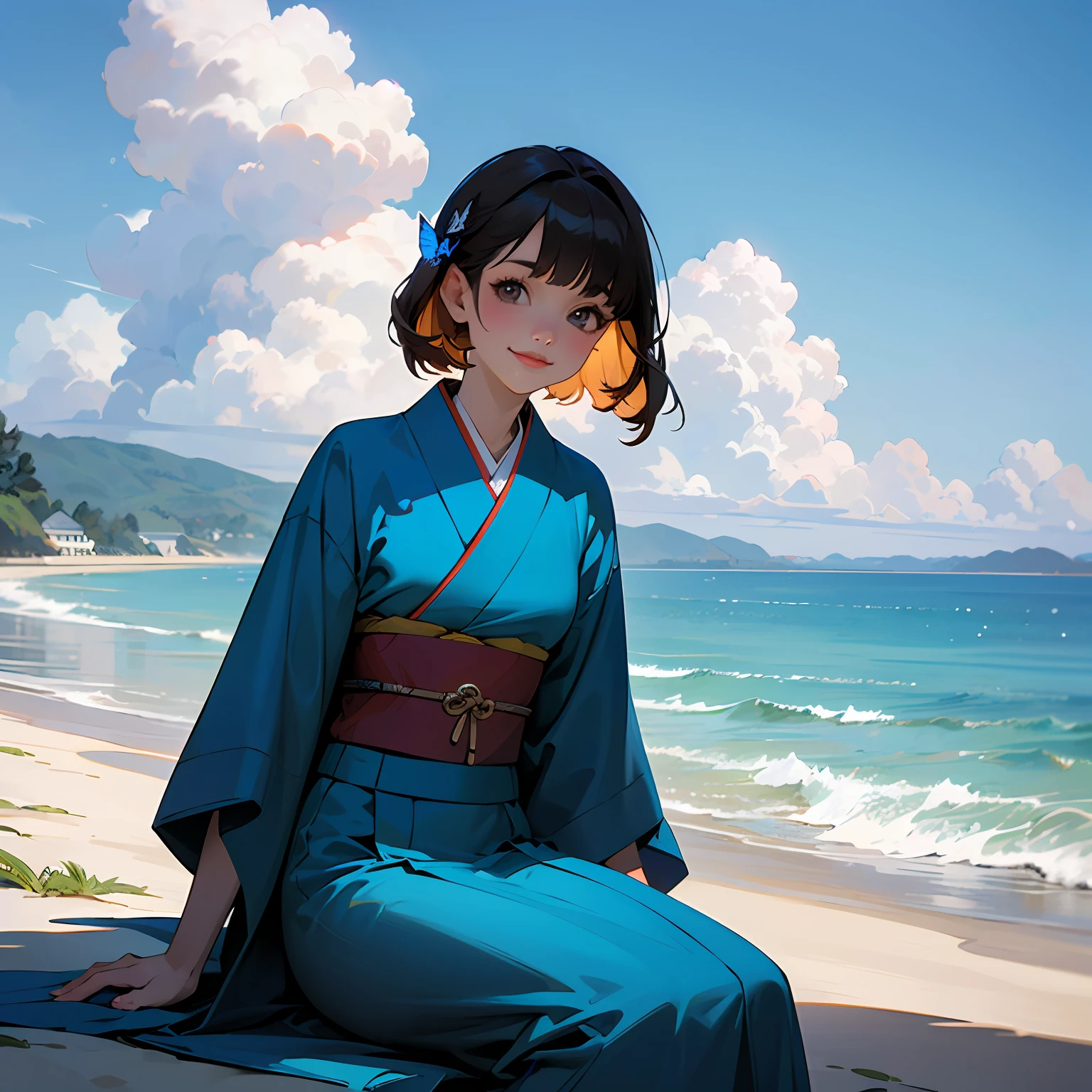 Best Quality, Ultra High Resolution, (Realisticity: 1.4), 1girl, Beach, Brunette Hair, Blue Sky, Bangs, Blur, Bugs, Butterflies, Chinese Clothes, Clouds, Cloudy Sky, Daytime, Hair Decoration, Horizon, Blue Japanese Clothes, Blue Kimono, Long Sleeves, Mountain, Ocean, Outdoor, red_lips, River, Coast, Sitting, Sky, Solo, Water, High Quality, Amazing, Beauty, Smile, Looking at Viewer, Rin, shy --auto