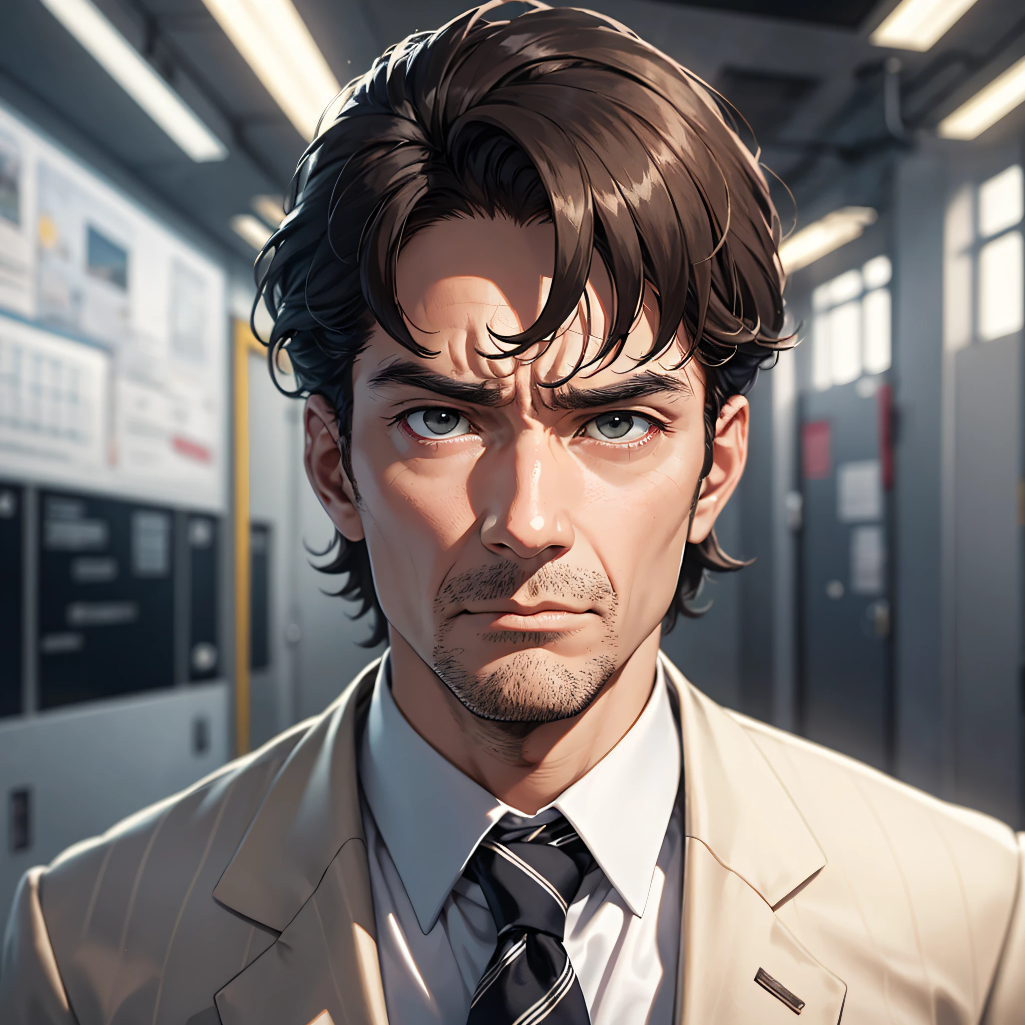 Ridiculous resolution,high resolutions,(master-piece:1.4),ultra-details,Middle-aged male teacher,White suit,School corridors,Serious expression