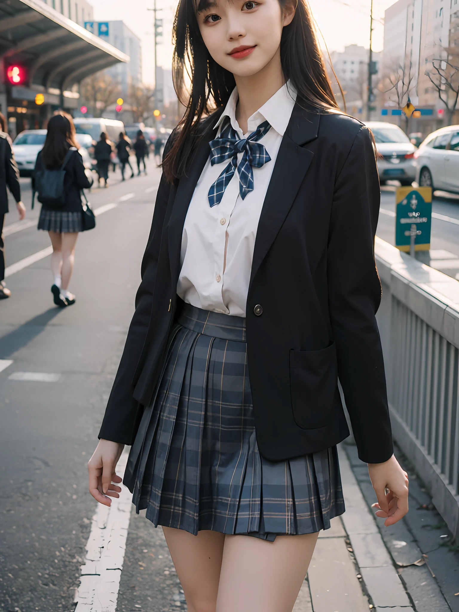 Best quality,Masterpiece,super high res,RAW photograph,Detail face,Detailed skin, (Realistic, photo- realistic:1.3),Dramatic lighting,19girl,solo,Full body,walking,airport,Terminal,Outdoors,look viewer, Smile,Long hair, bangs,ature female, milf,Narrow waist, skinny,open clothes,Black pantyhose,Black jacke,School Uniform,long sleeve, sleeves past wrists,Collared shirt, Pleated skirt,Black skirt, Very short miniskirt,plaid skirts,bag,Shoes, Black footwear, Blazer,Cardigan,plaid, school bag,tiese,Streets,afternoon,nature light,lensflare,windy,