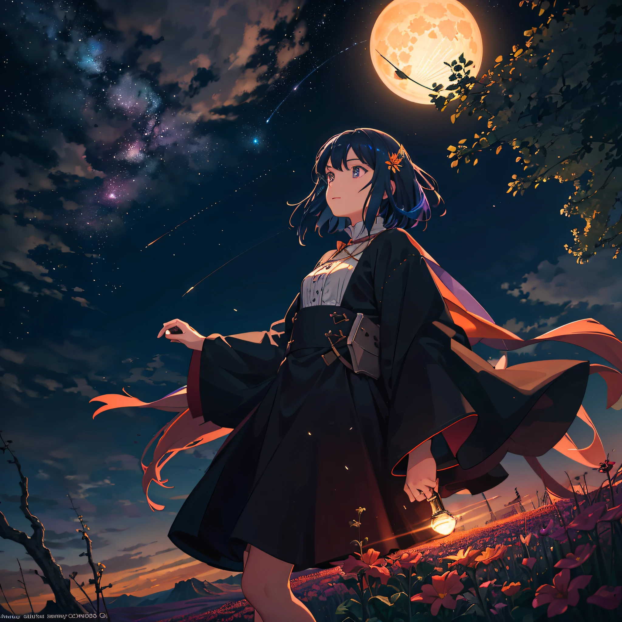 A wide landscape photo, (viewed from below, the sky is above, and the open field is below), a girl standing on a flower field looking up, (full moon: 1.2), (meteor: 0.9), (nebula: 1.3), distant mountains , Trees BREAK Crafting Art, (Warm Light: 1.2), (Firefly: 1.2), Lights, Lots of Purple and Orange, Intricate Details, Volumetric Lighting BREAK (Masterpiece: 1.2), (Best Quality), 4k, Ultra Detailed, (Dynamic Composition: 1.4), Rich in Detail and Color, (Rainbow Color: 1.2), (Glow, Atmospheric Lighting), Dreamy, Magical, (Solo: 1.2) --auto