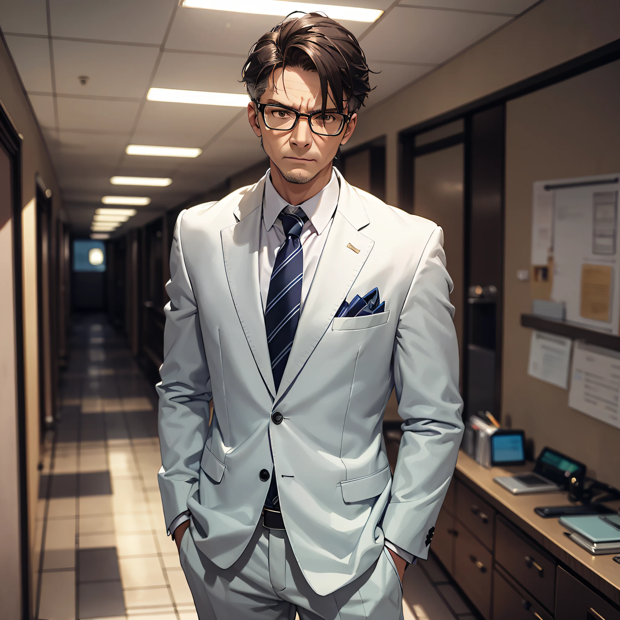 Ridiculous resolution，high resolutions，（master-piece：1.4），ultra-details，Middle-aged male teacher，White suit，School corridors，Serious expression