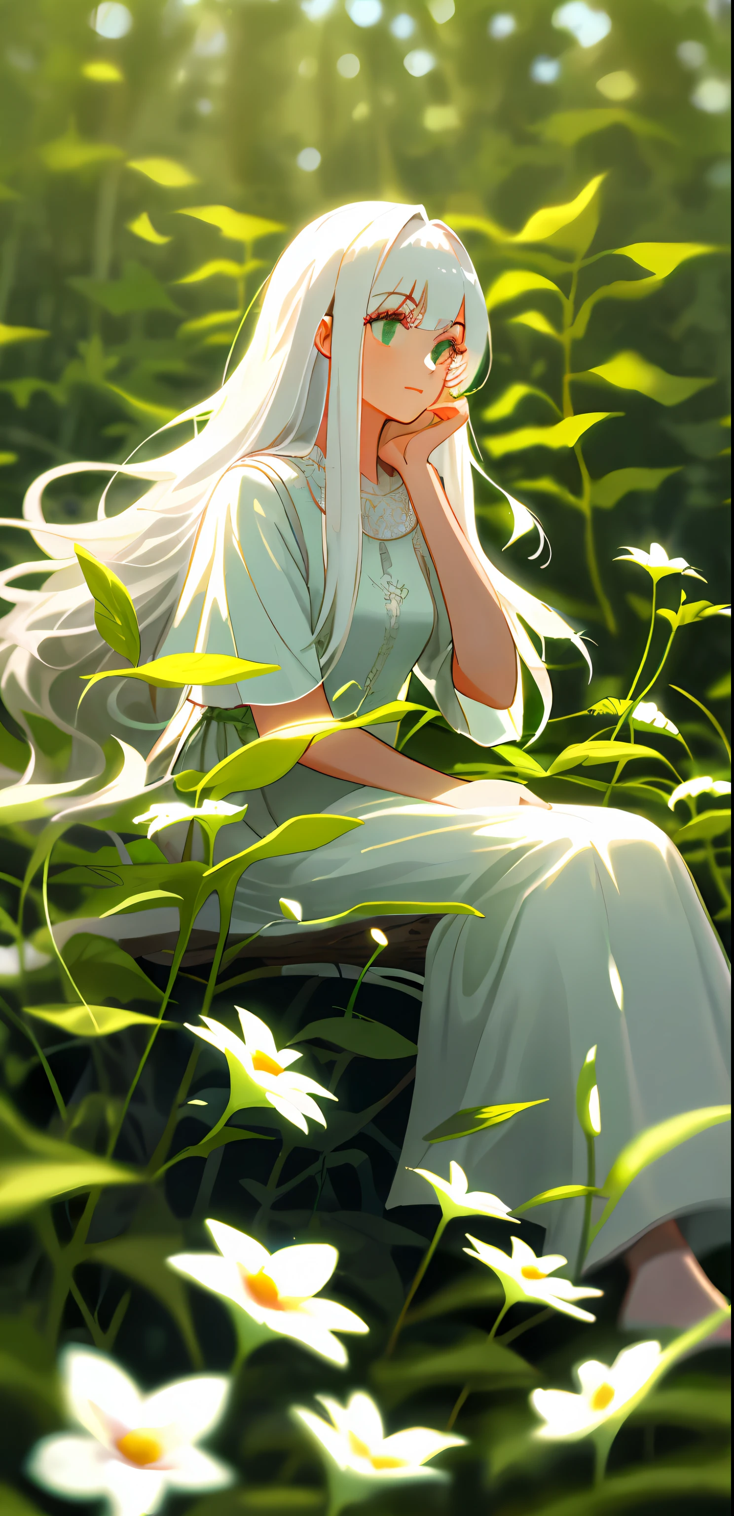 (masterpiece, best quality),1girl with long white hair sitting in a field of green plants and flowers, her hand under her chin, warm lighting, white dress, blurry foreground