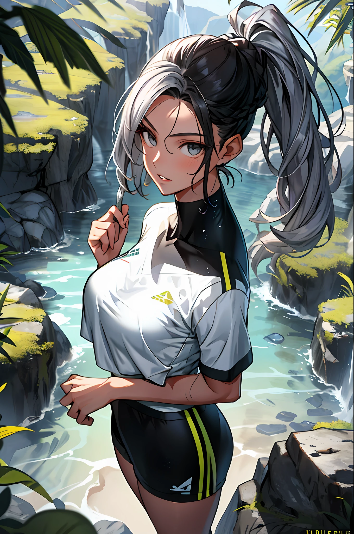 1girls，Explorer，Delicate and beautiful face，Wheat-colored skin，The lips open slightly，perspire，High ponytail braid，Busty boobs，Convex buttocks，Toned body，Dressed in silver tight short sleeves，Soaked top，Black skinny shorts，White sport socks，Black hiking boots，perfectly proportioned，Liquid effect，Detailed clothing details，cave，A jungle，tumulus，rivers，high quailty，master-piece，8K，