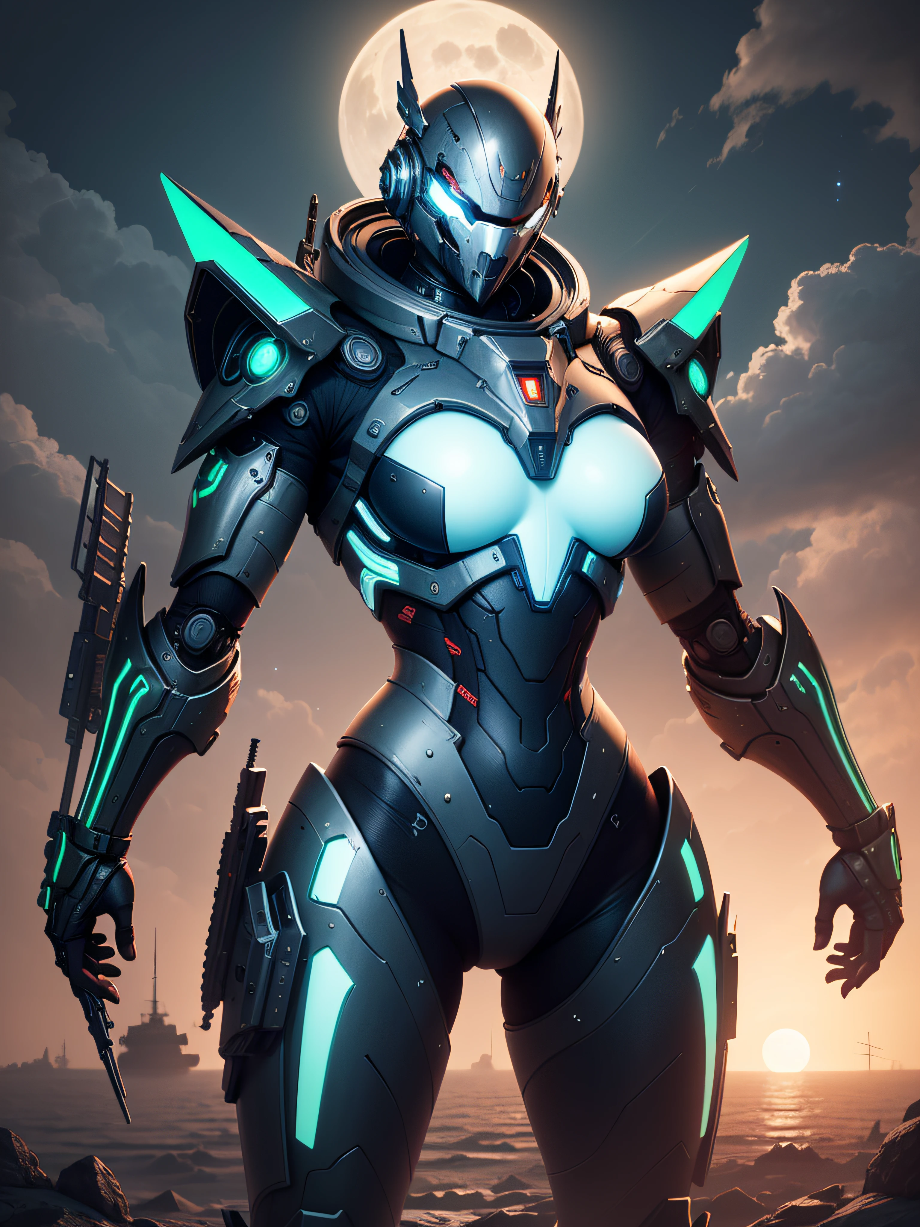 Marine space, Martelo 40,000, mundo em guerra, linda mulher cyberpunk com armadura mecha master chef halo muito detalhado, Warframe mecha, cores vibrantes, vermelho, branco, azul, verde, metallic yellow, enferrujada, desgastada, sujo de sangue, with sky with clouds and full moon and battleships, corpo inteiro com armadura detalhada, campo de batalha sangrento,