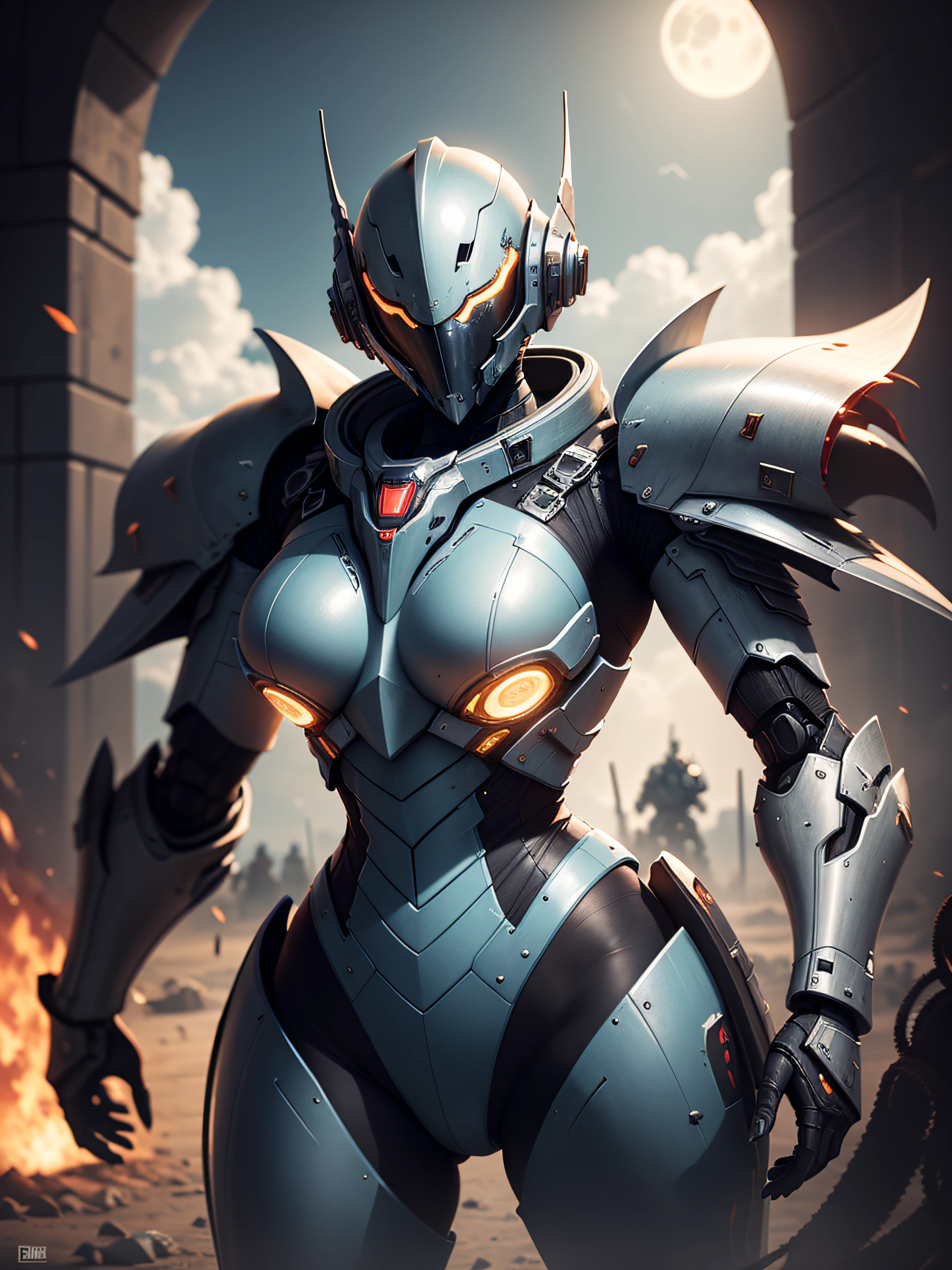 Marine space, Martelo 40,000, mundo em guerra, linda mulher cyberpunk com armadura mecha master chef halo muito detalhado, Warframe mecha, cores vibrantes, vermelho, branco, azul, verde, metallic yellow, enferrujada, desgastada, sujo de sangue, with sky with clouds and full moon and battleships, corpo inteiro com armadura detalhada, campo de batalha sangrento,