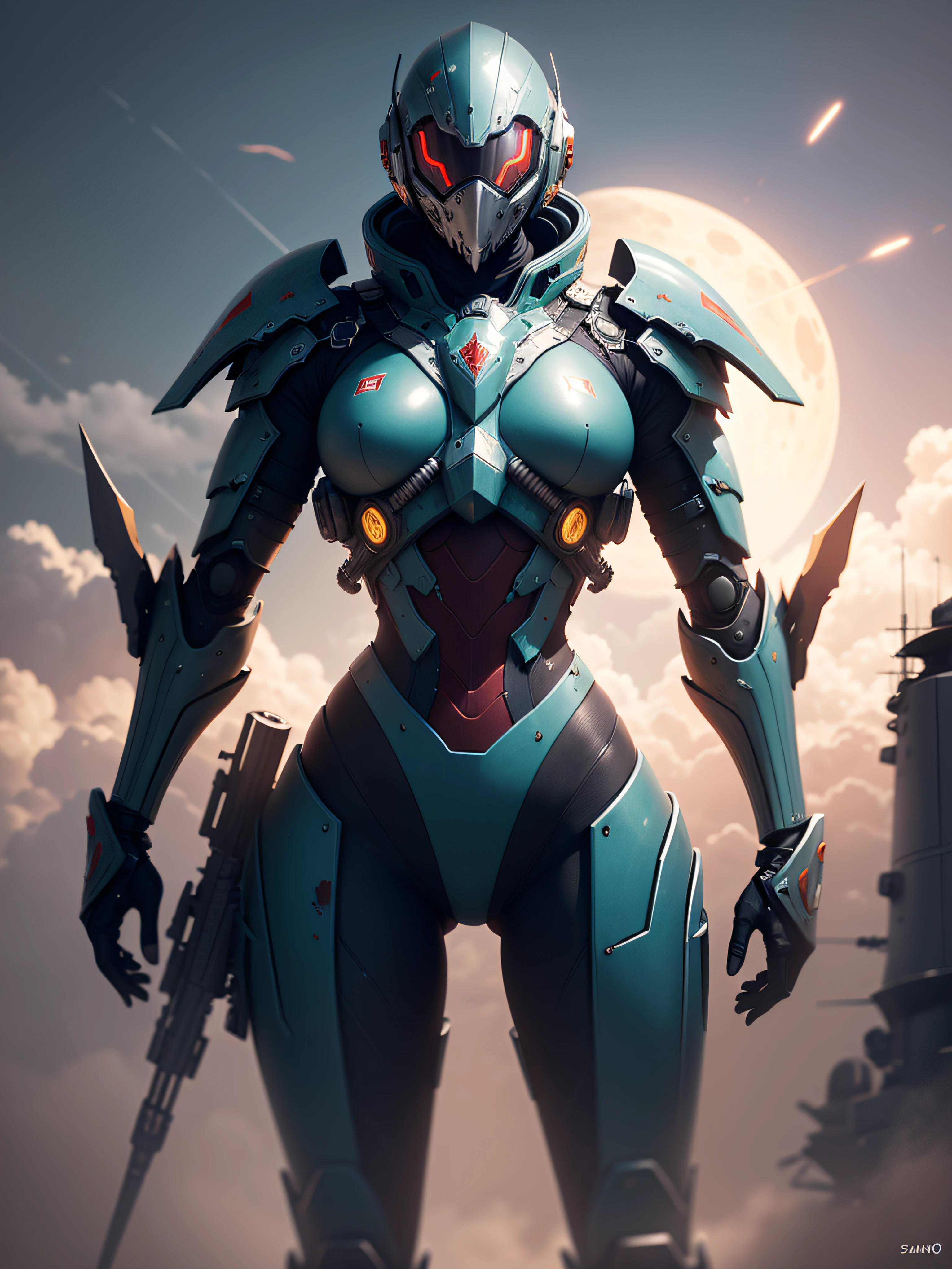 Marine space, Martelo 40,000, mundo em guerra, linda mulher cyberpunk com armadura mecha master chef halo muito detalhado, Warframe mecha, cores vibrantes, vermelho, branco, azul, verde, metallic yellow, enferrujada, desgastada, sujo de sangue, with sky with clouds and full moon and battleships, corpo inteiro com armadura detalhada, campo de batalha sangrento,