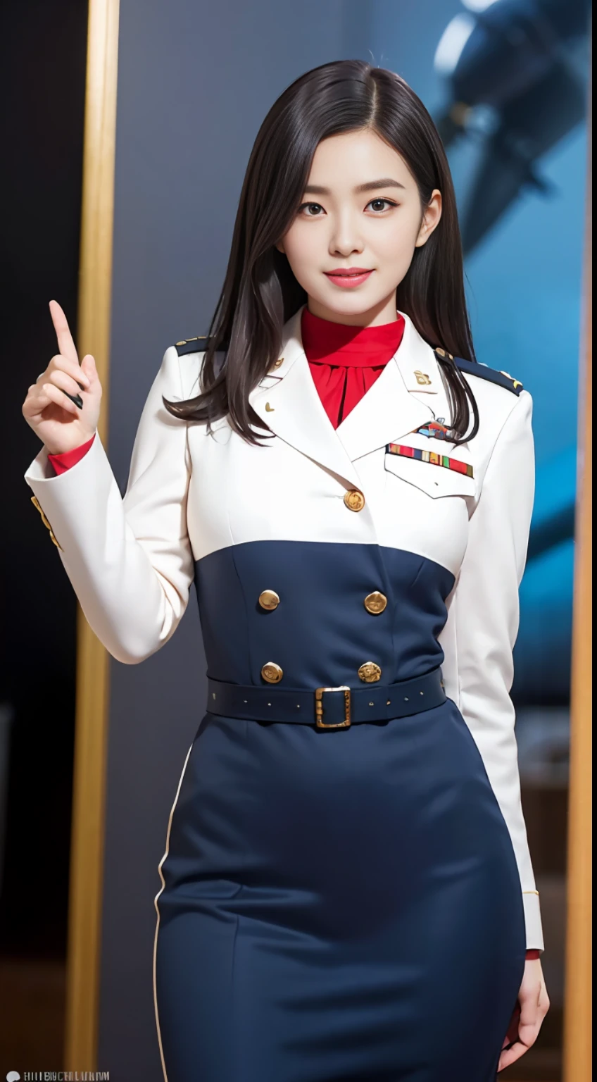 Modest outfit, remote shot, detailed beautiful delicate face, detailed beautiful delicate eyes, perfect facial proportions, high-definition skin, fine skin, four-inch best ratio. With one thumb, masterpiece, highly detailed, realistic, (World War II German general uniform reference : 1.8), highest facial resolution, 26 years old, modestly dressed woman, completely dressed, ( body small, dark blue hair, long hair and fine bangs, dark blue eyes), futuristic, science fiction, fighter plane, standing on the apron, government agency, personality hilarious, cheerful expression, respectful face, war, fighter plane