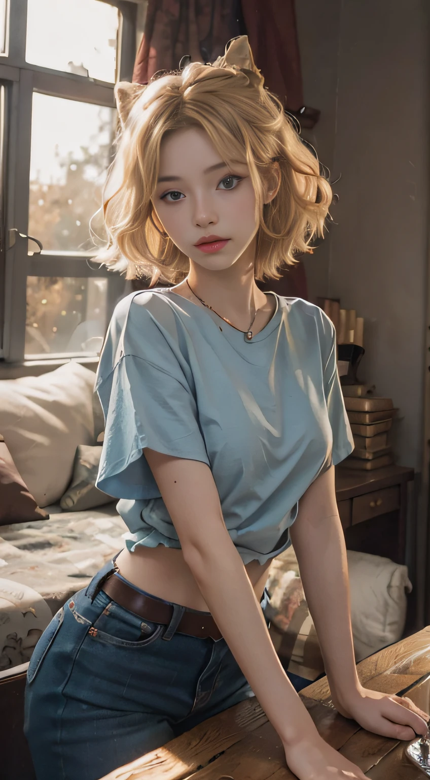 best photos，Meisterwerk，ultra hi-res，（lifelike：1.4），Raw foto，1girls，blondehair，Blue Eye，
