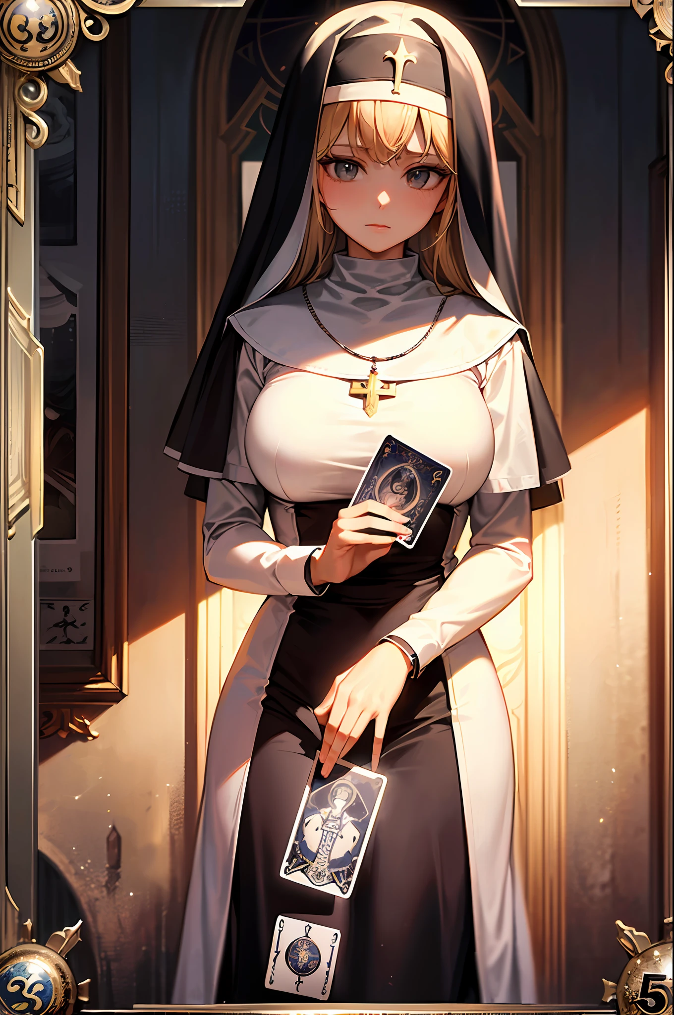 (exquisitely detailed CG unity 8k wallpaper, masterpiece-quality with stunning realism), (best illumination, best shadow), (best quality), girl, ((death, tarot card, framed tarot card, tarot card design)))), nun, white scarf, blush, big Christian crest