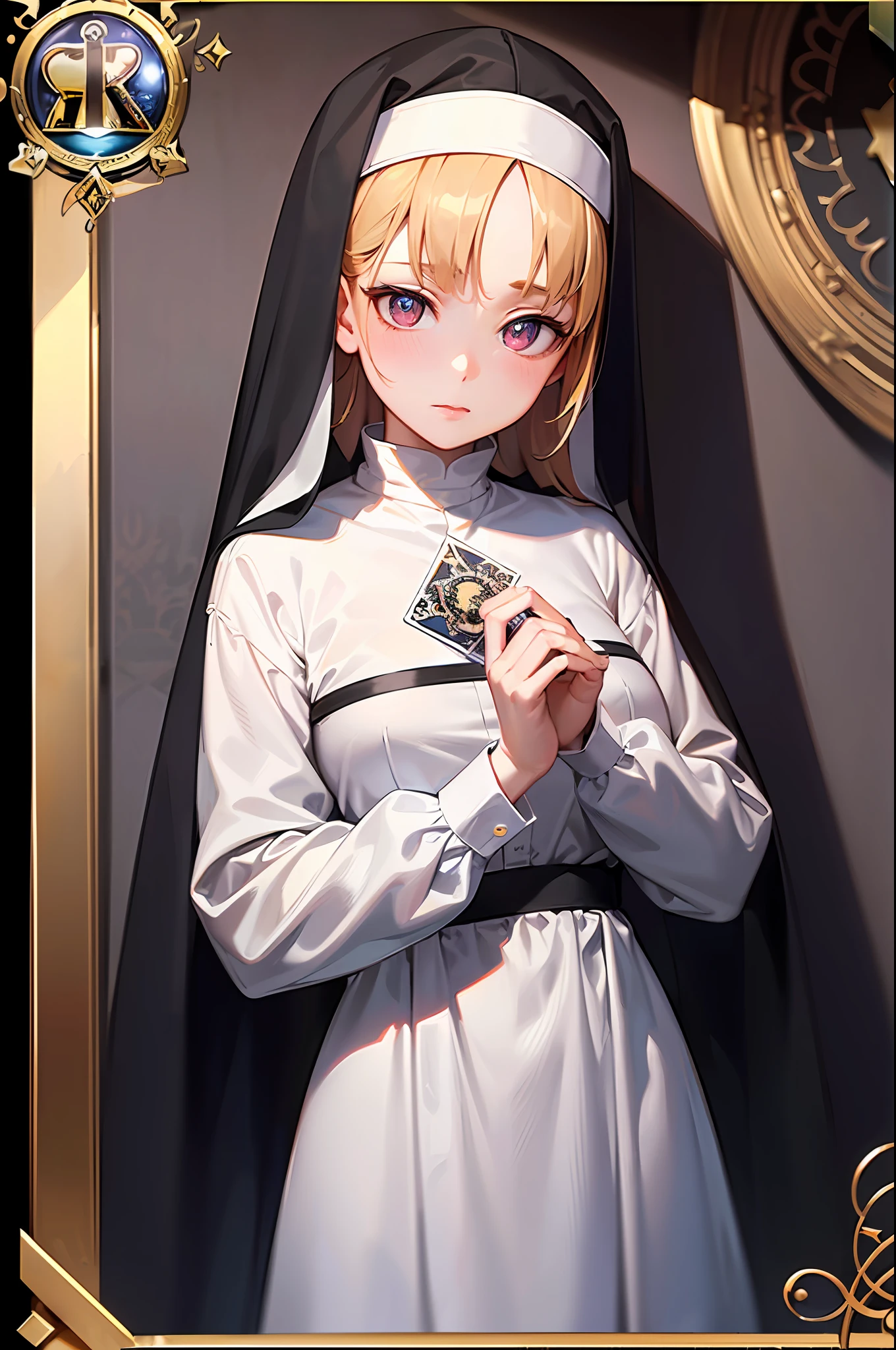 (exquisitely detailed CG unity 8k wallpaper, masterpiece-quality with stunning realism), (best illumination, best shadow), (best quality), girl, ((death, tarot card, framed tarot card, tarot card design)))), nun, white scarf, blush, big Christian crest