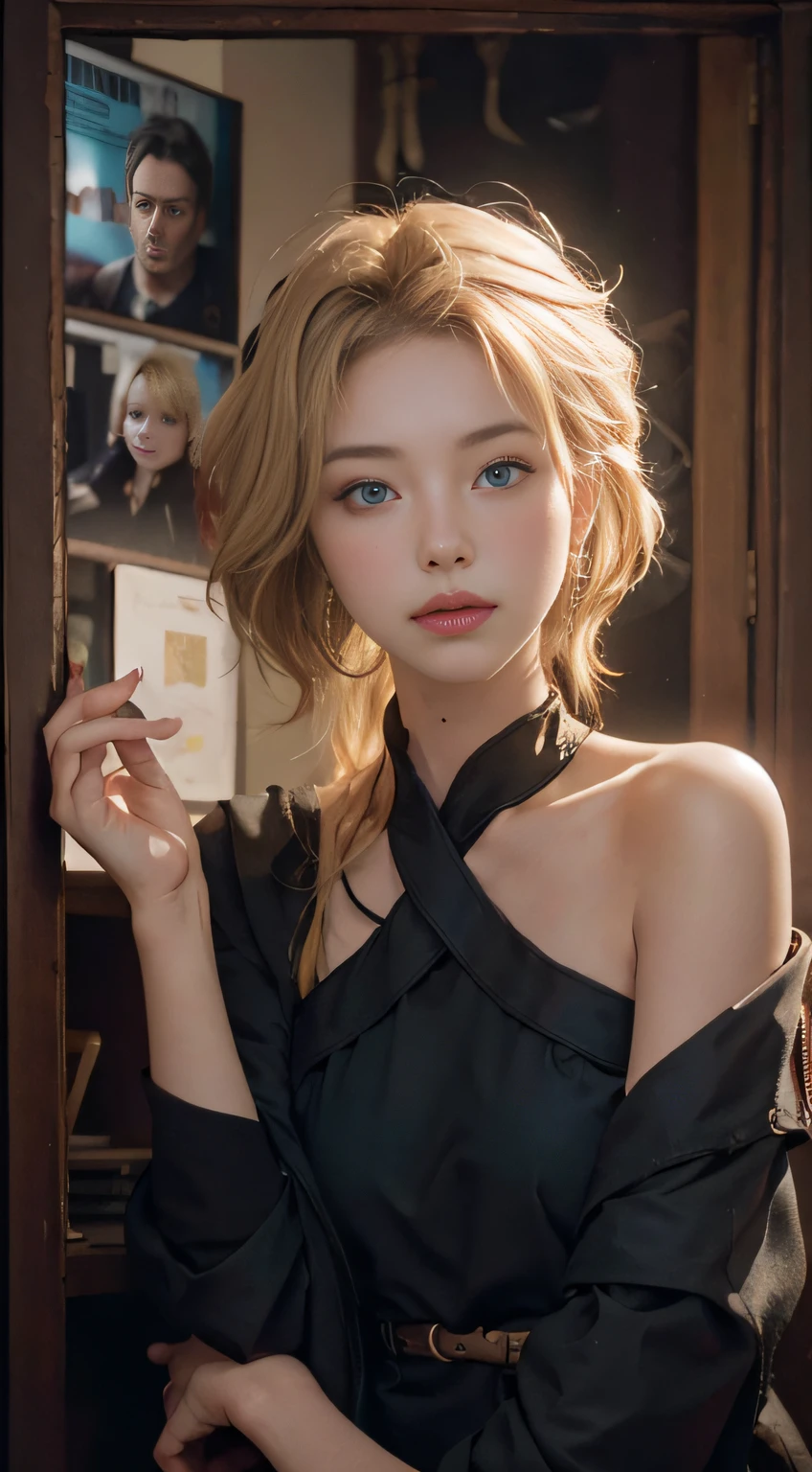 best photos,Meisterwerk,ultra hi-res,(lifelike:1.4),Raw foto,1girls,blondehair,Blue Eye,
