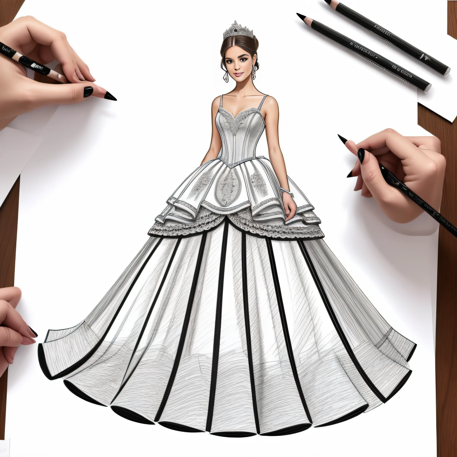 A woman is drawing a dress with a pencil and a pencil SeaArt AI