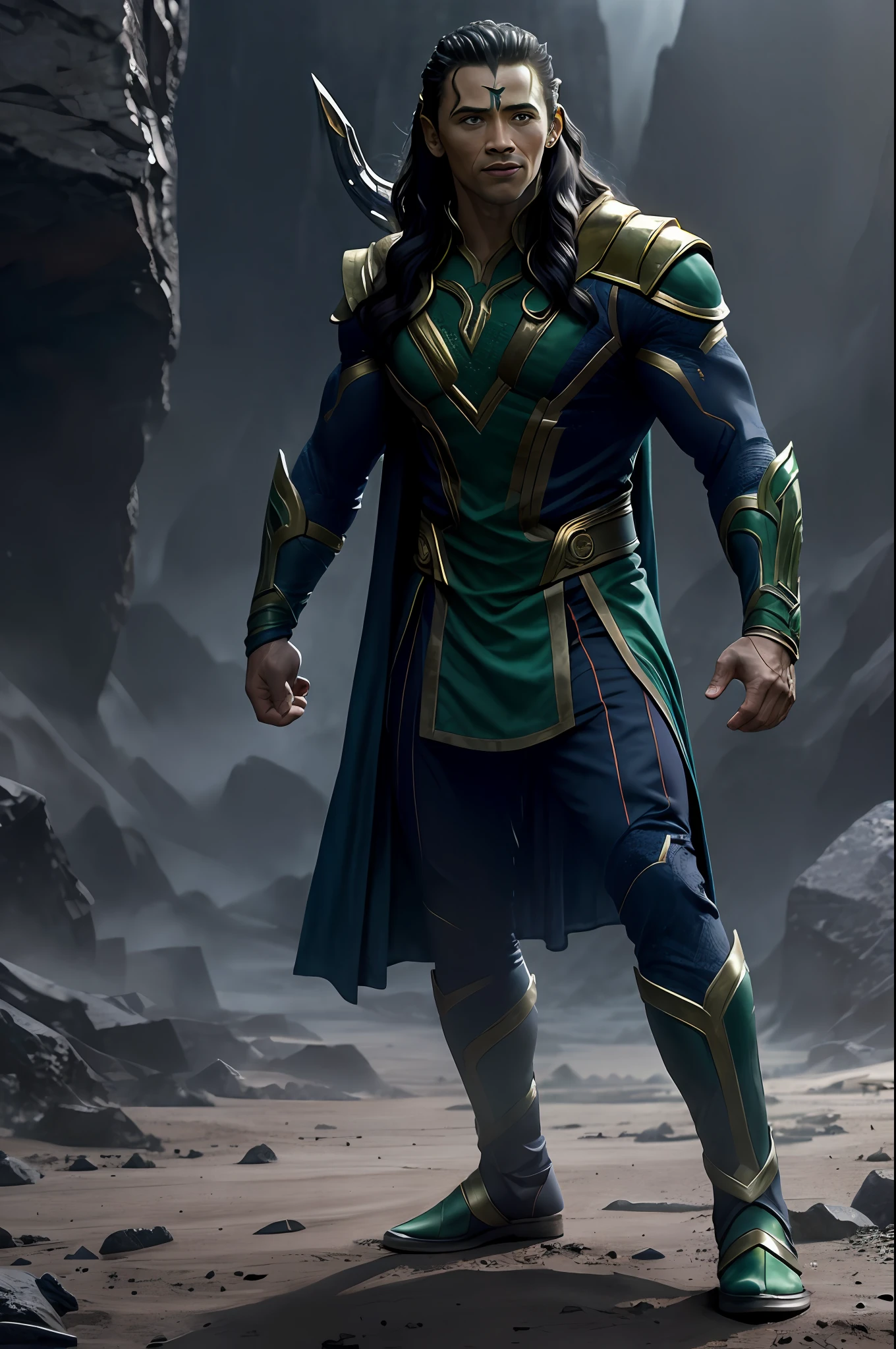 (16k, foto RAW, melhor qualidade, obra-prima: 1.2), ultra-detalhado, arte formal, foto realismo: 1.37, foto do corpo inteiro, (homem, beleza ,( Dwayne Johnson)film grain, villain action pose ((Loki))detalhes