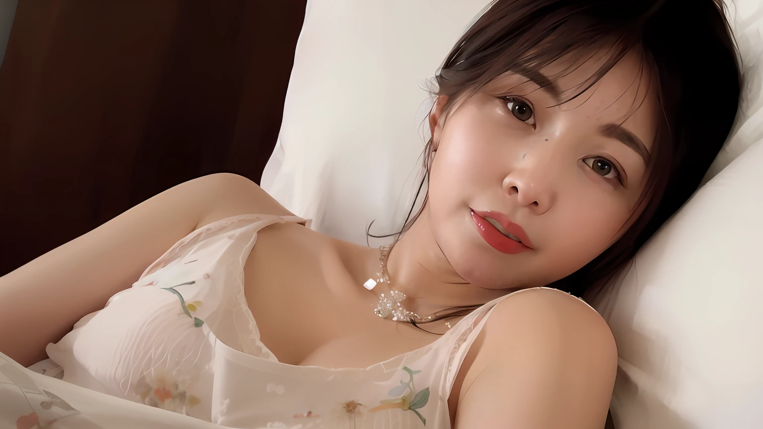 The Arapei woman lay on the bed,Red lipstick is applied to the lips, inspired by Sim Sa-jeong, korean artist, gorgeous korean young woman, Beautiful Korean woman, digital art of an elegant, portrait of female korean idol, photorealistic art style, Korean girls, Beautiful young Korean woman, artwork in the style of guweiz, realism artstyle