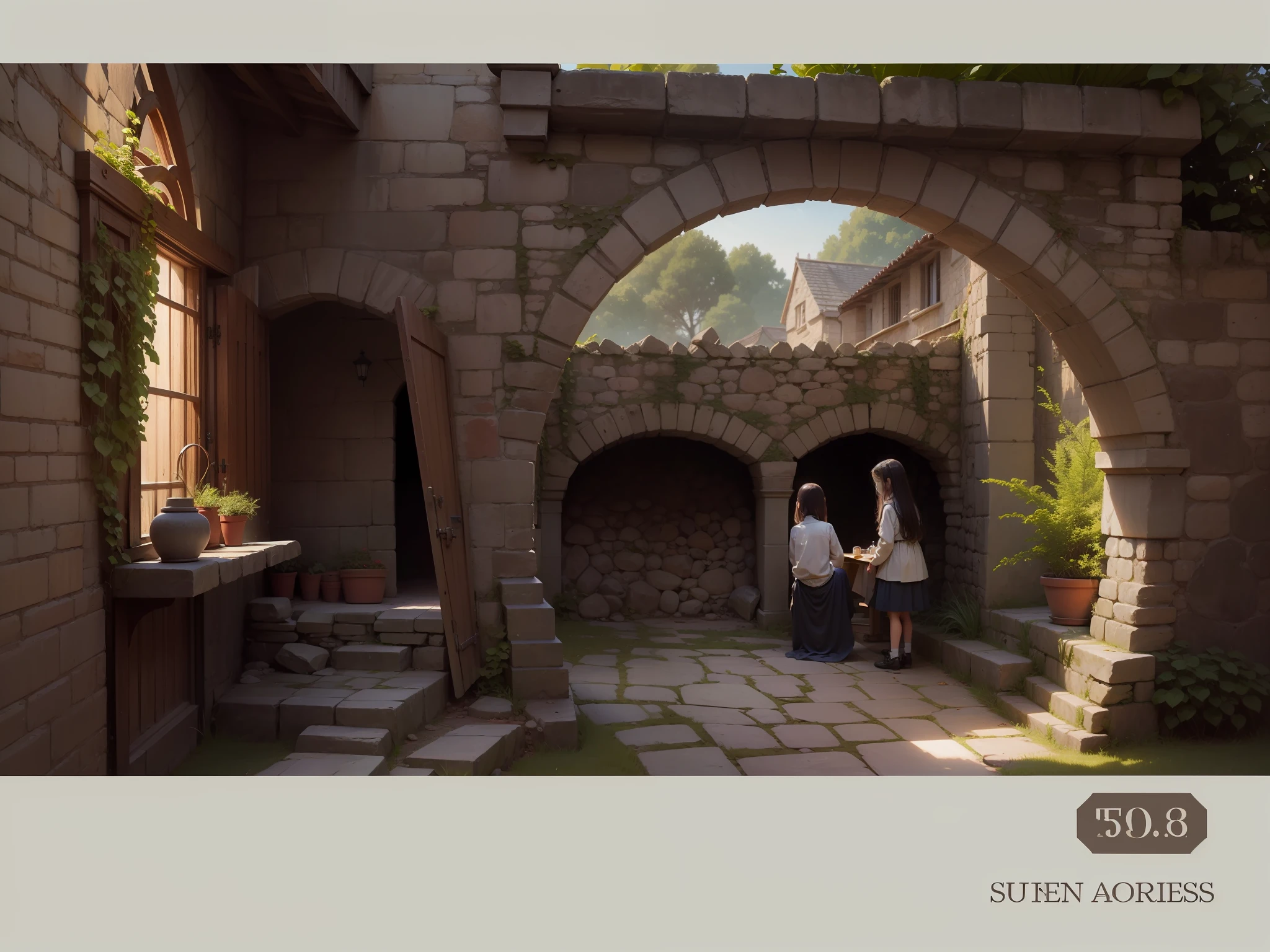 Stone arches,sundry,windows,stone wall,two girl --auto