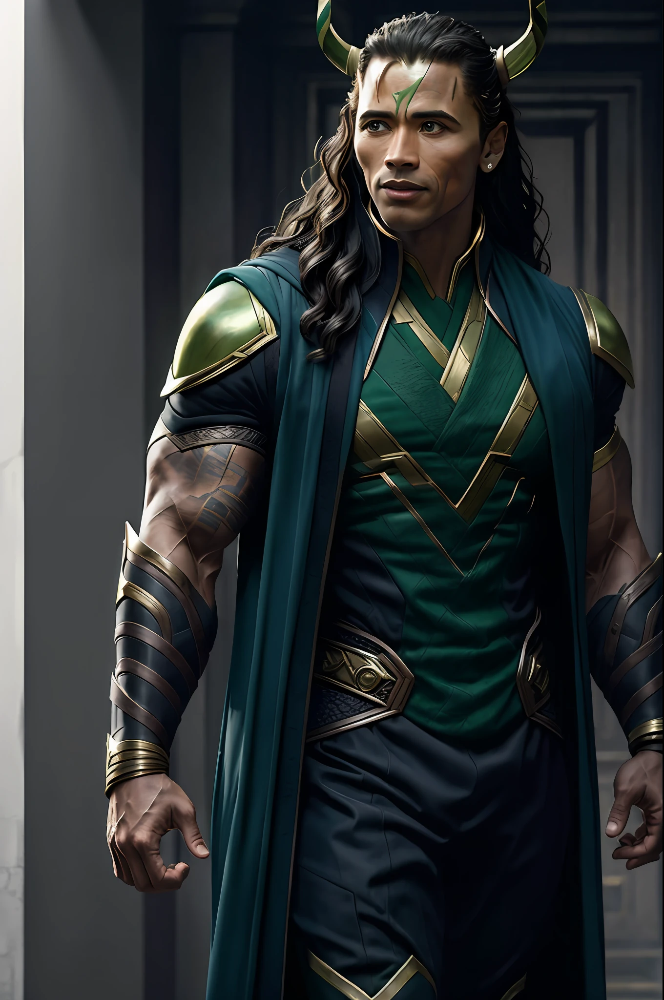 (16k, foto RAW, melhor qualidade, obra-prima: 1.2), ultra-detalhado, arte formal, foto realismo: 1.37, foto do corpo inteiro, (homem, beleza ,( Dwayne Johnson)film grain, villain action pose ((Loki))detalhes