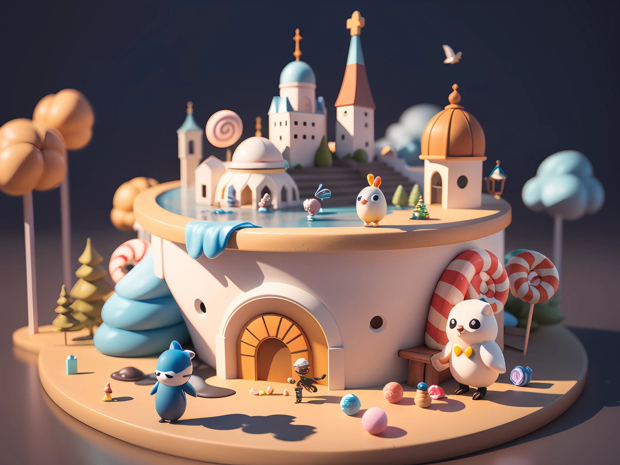 (cute world of candy, full size 3d candyland), highly detailed, super cute, superb lighting, volumetrics, by Jon Klassen, Ghibli Studio style, Tilt - shift, 80mm lens, unreal engine, Large aperture, 3d, blender, masterpiece, super detail, best quality, --v6