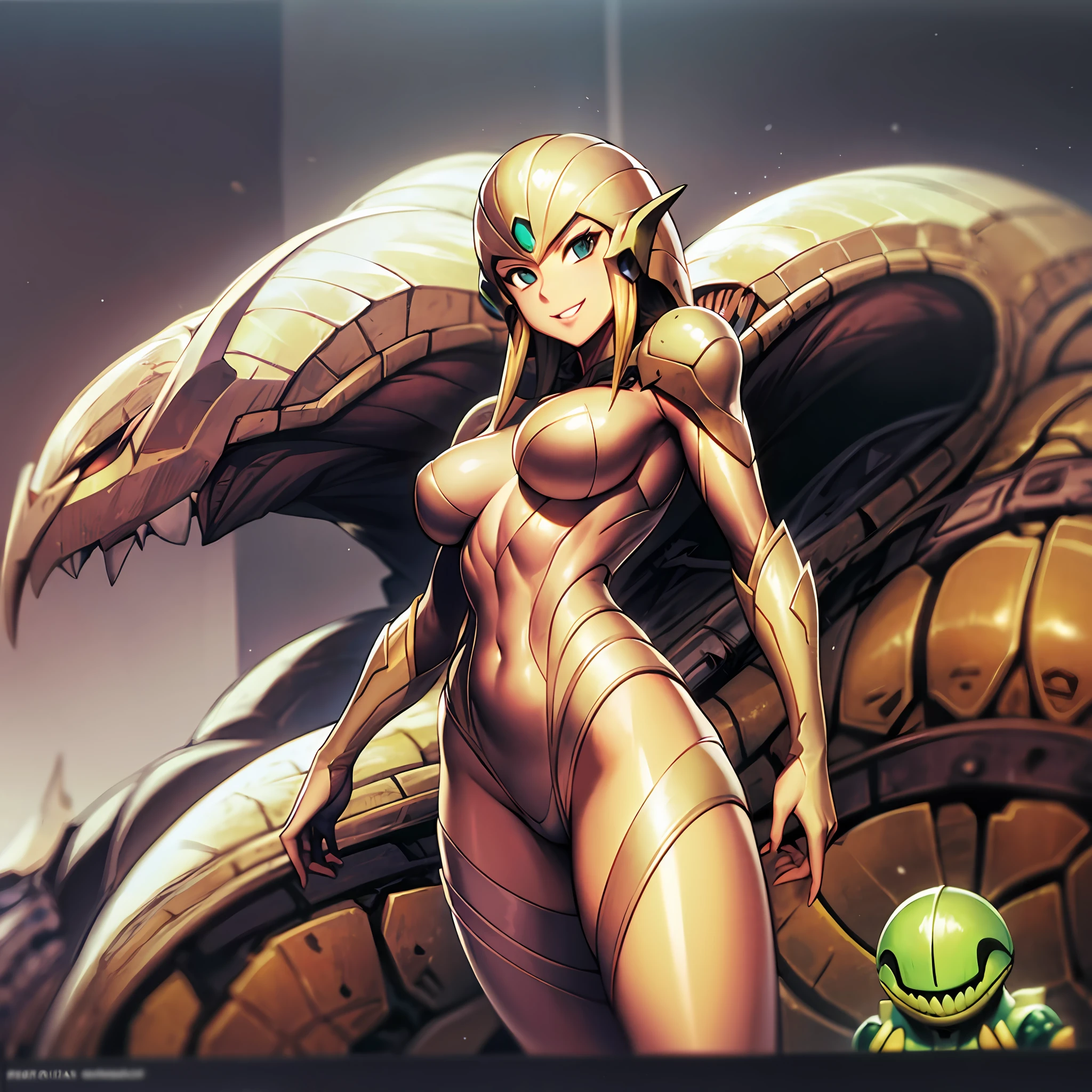 Woman in a hot shell、Guyver Style、wicked smile、Scarabeleploid、Bellows tail、Cel Shade Adult Animation、Alien Queen、Metroid Suit