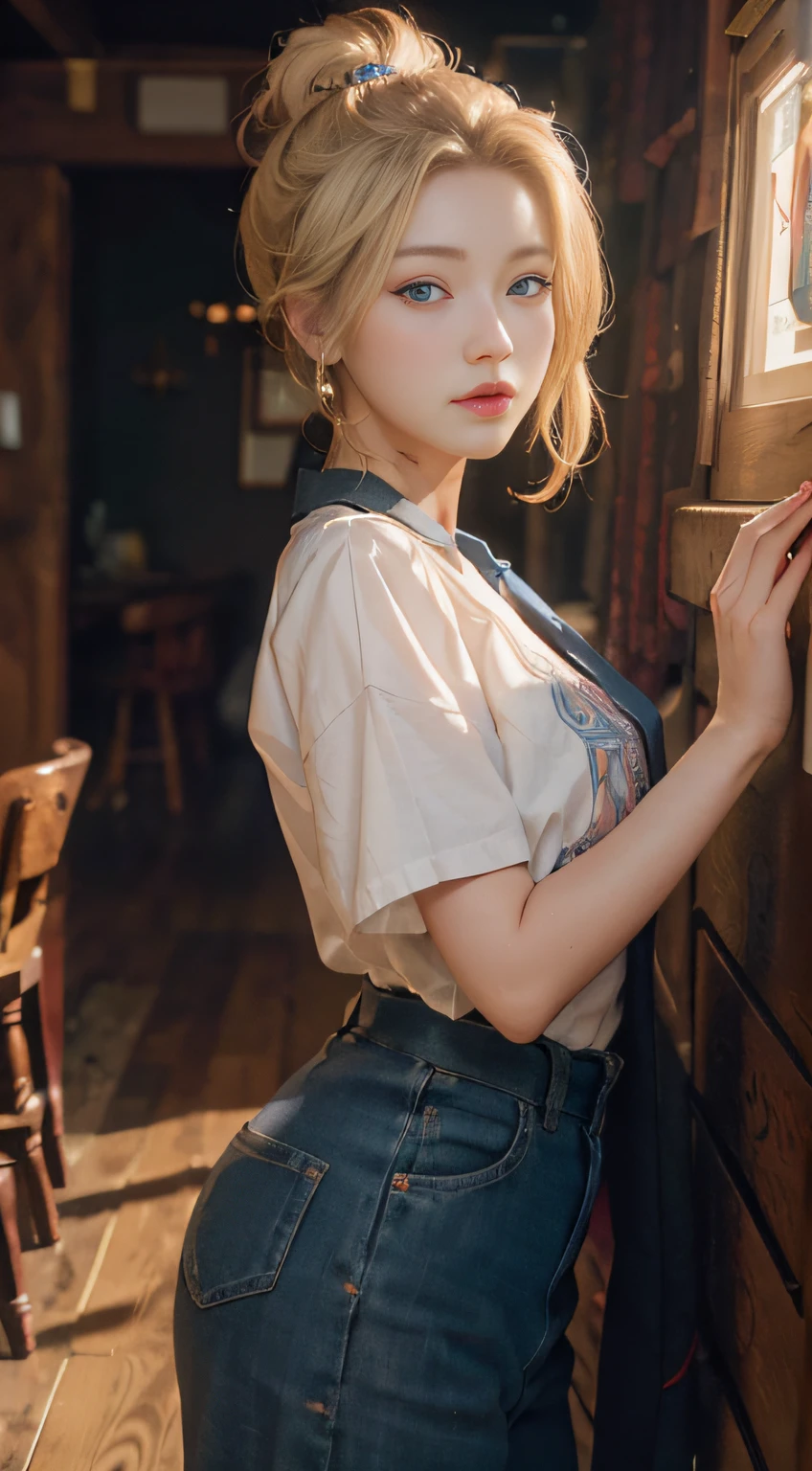 best photos,Meisterwerk,ultra hi-res,(lifelike:1.4),Raw foto,1girls,blondehair,Blue Eye,