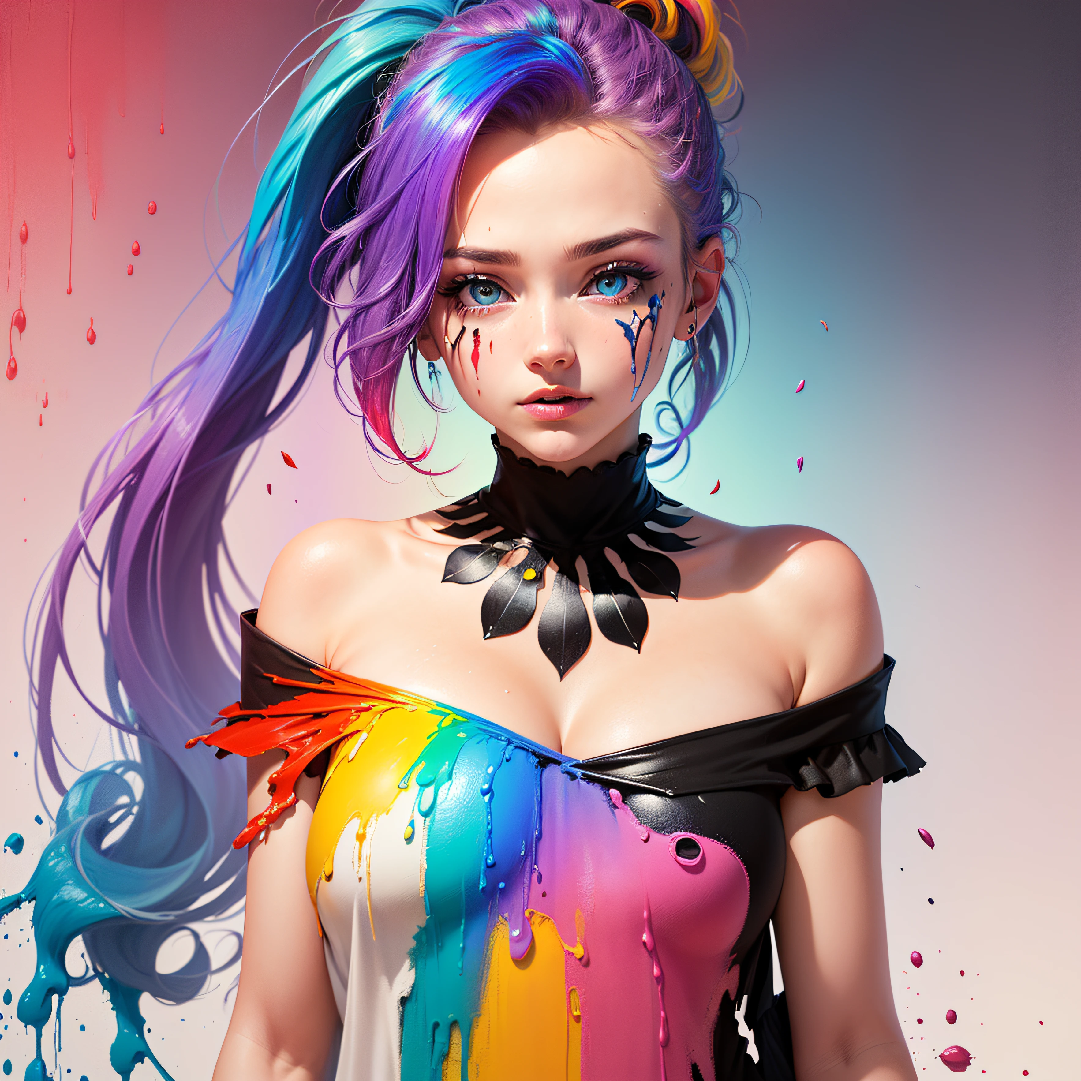 Jennifer Esposito(Pink Fashion T-shirt: 1.9),(Hair color: 1.8), (All colors of the rainbow: 1.8),(((((Vertical paint:1.6))), (Paint:1.6), front, comics, illustrations, paintings, big eyes, crystal clear eyes,( high ponytail rainbow color gradient:1.7), exquisite makeup, closed mouth,(Small Fresh: 1.5),(Clean chest: 1.6), long eyelashes, white off-the-shoulder T-shirt, white-shoulder shirt, looking at the audience, big watery eyes, (rainbow hair color: 1.6), color splash, (solo: 1.8), color splash, color explosion, thick painting style, messy lines, ((bright)), (colorful), (colorful), (colorful), colorful, thick painting style, (splash) (color splash), vertical painting, part upper body, paint splatter, acrylic pigment, gradient, ink, highest image quality, highest quality, masterpiece, soil, depth of field, face painting, colorful clothes, (elegant: 1.2), beautiful, hair long, wind, (elegant: 1.3), (Petals: 1.4),((masterpiece))),((best quality))),((ultra-detailed)),(illustration),(dynamic angle), ((floating)),(painting),((shaggy hair)),(solo),(1girl) , (((detailed anima face))),((detailed anima face)),(beautiful detailed face)), necklace,bare shoulders,white hair, ((colorful hair)),((striped hair)),(cute detailed eyes,(gradient color eyes),((colorful eyes))),(((colorful background))) ,(high saturation))),((surrounded by colorful splashes))), --auto