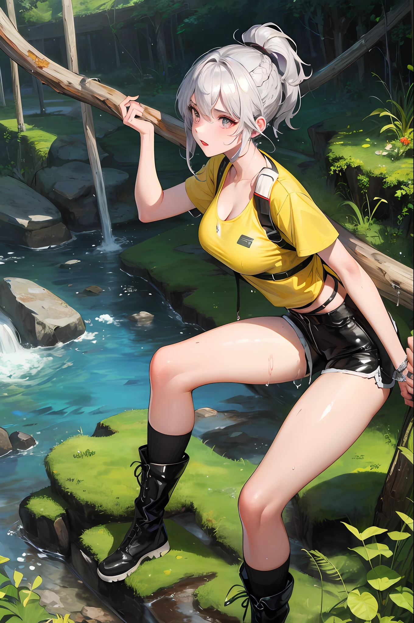 1girls,Explorer,Delicate and beautiful face,Wheat-colored skin,The lips open slightly,perspire,High ponytail braid,Busty boobs,Convex buttocks,Toned body,Dressed in silver tight short sleeves,Soaked top,Black skinny shorts,White sport socks,Black hiking boots,perfectly proportioned,Liquid effect,Detailed clothing details,cave,A jungle,tumulus,rivers,high quailty,master-piece,8K,