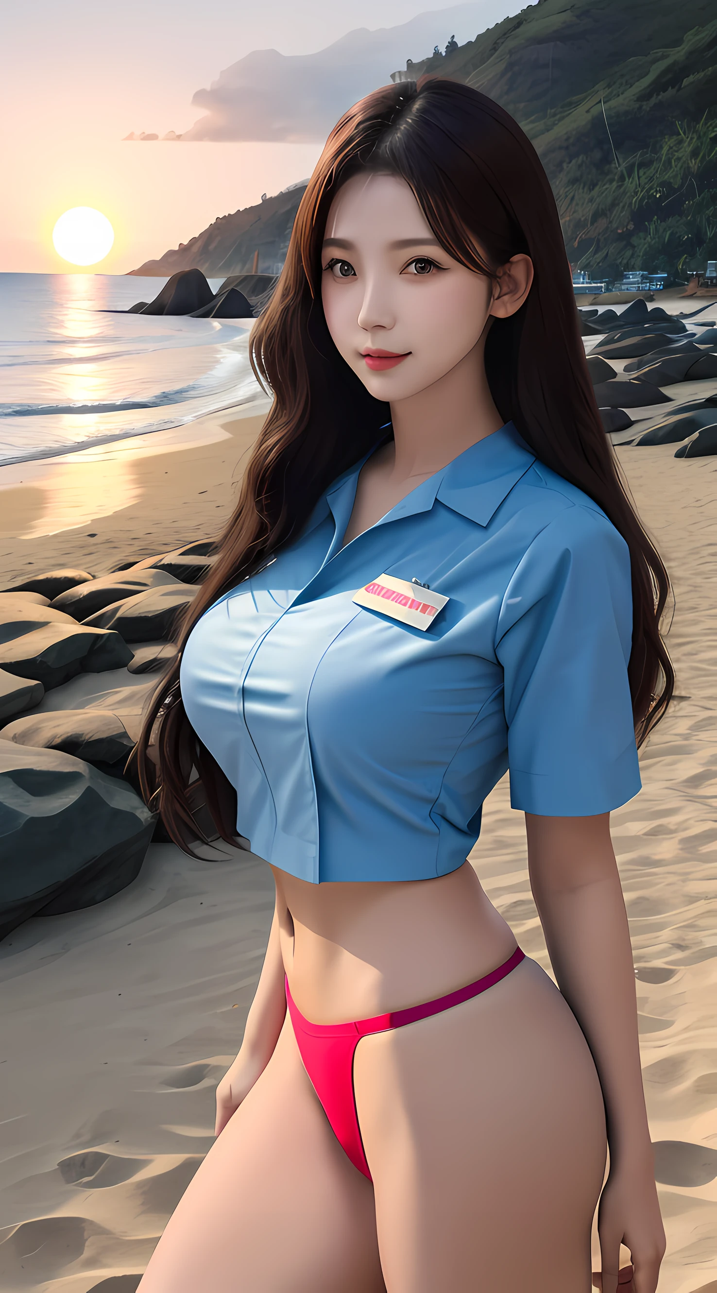 best qualiy，A masterpiece， （photo realistic：1）， 8K  UHD，Cute 1girl，Wear a nurse's uniform，Wear a thong， Huge breasts，sandbeach，beachside，sun set，sun