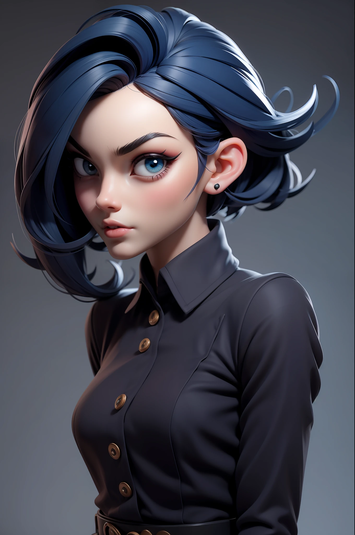 obra-prima, melhor qualidade, trabalho de rending 3d, estilo 3DMM, close-up, retrato, 3D, 1girl, solo, cabelo multicolorido, cabelo azul, cabelo preto, colar, sardas, joias, cabelo de dois tons, olhando para o lado, realista, parte superior do corpo, fundo simples, fundo branco franja, olhando para longe, cabelo curto, lips parted, olhos pretos, lips, gothichorrorai, gargantilha, maquiagem, mole, camisa preta, camisa,