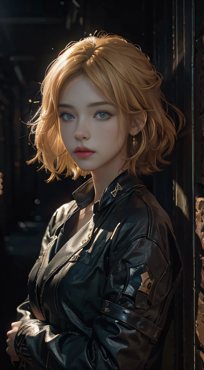 1girls，blondehair，Blue Eye，Detailed eyes and face，Black suit，Dynamic lighting，In the darkness，Deep shadows，offical art，Unity8k wallpapers，