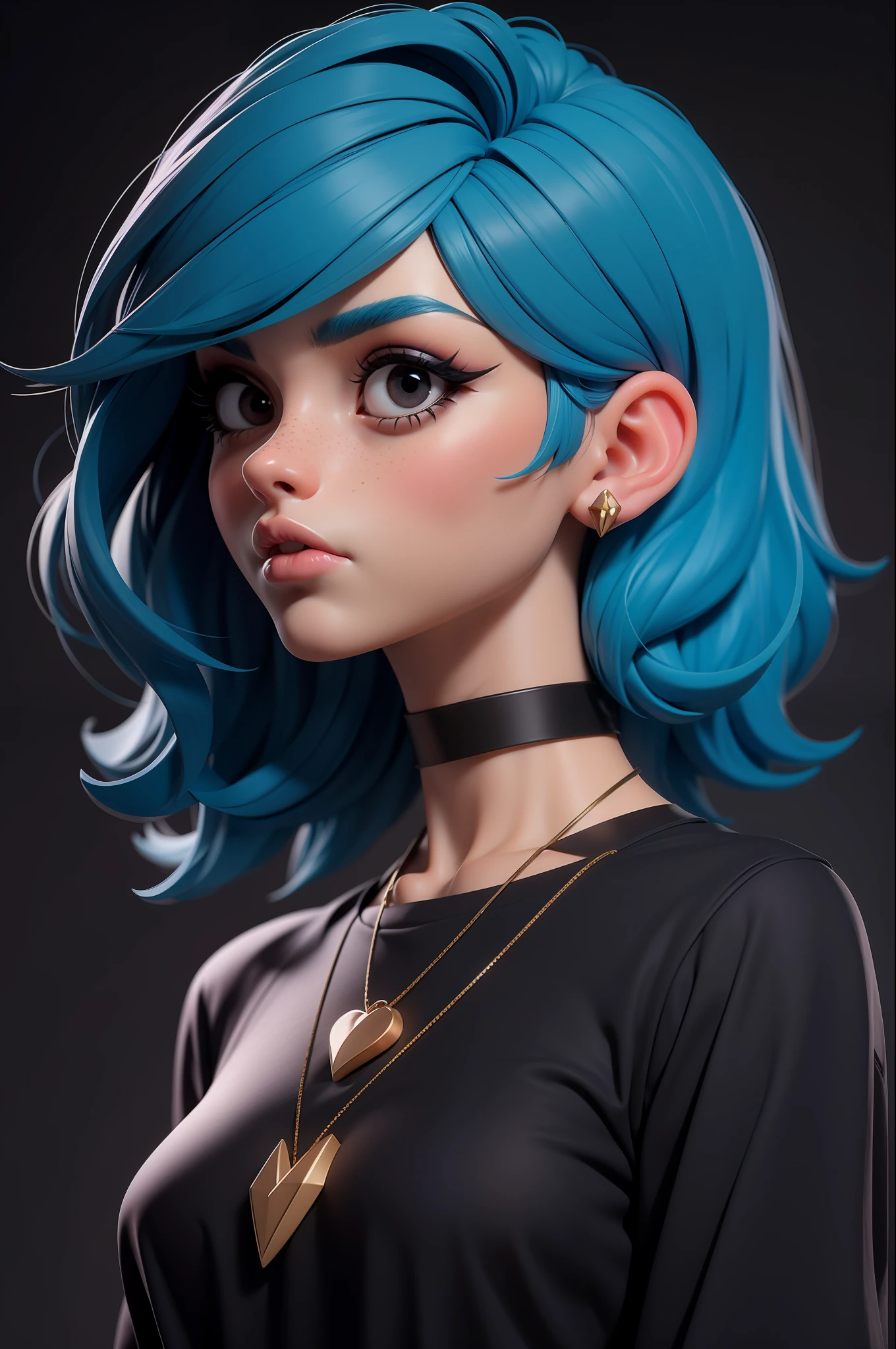masterpiece, best quality,3d rending work ,3DMM style,close-up,portrait, 3D,1girl, solo, multicolored hair, blue hair, black hair, necklace, freckles, jewelry, two-tone hair, looking to the side, realistic, upper body, simple background, bangs, looking away, short hair, parted lips, black eyes, lips, gothic, choker, makeup, mole, black shirt, shirt, watermark