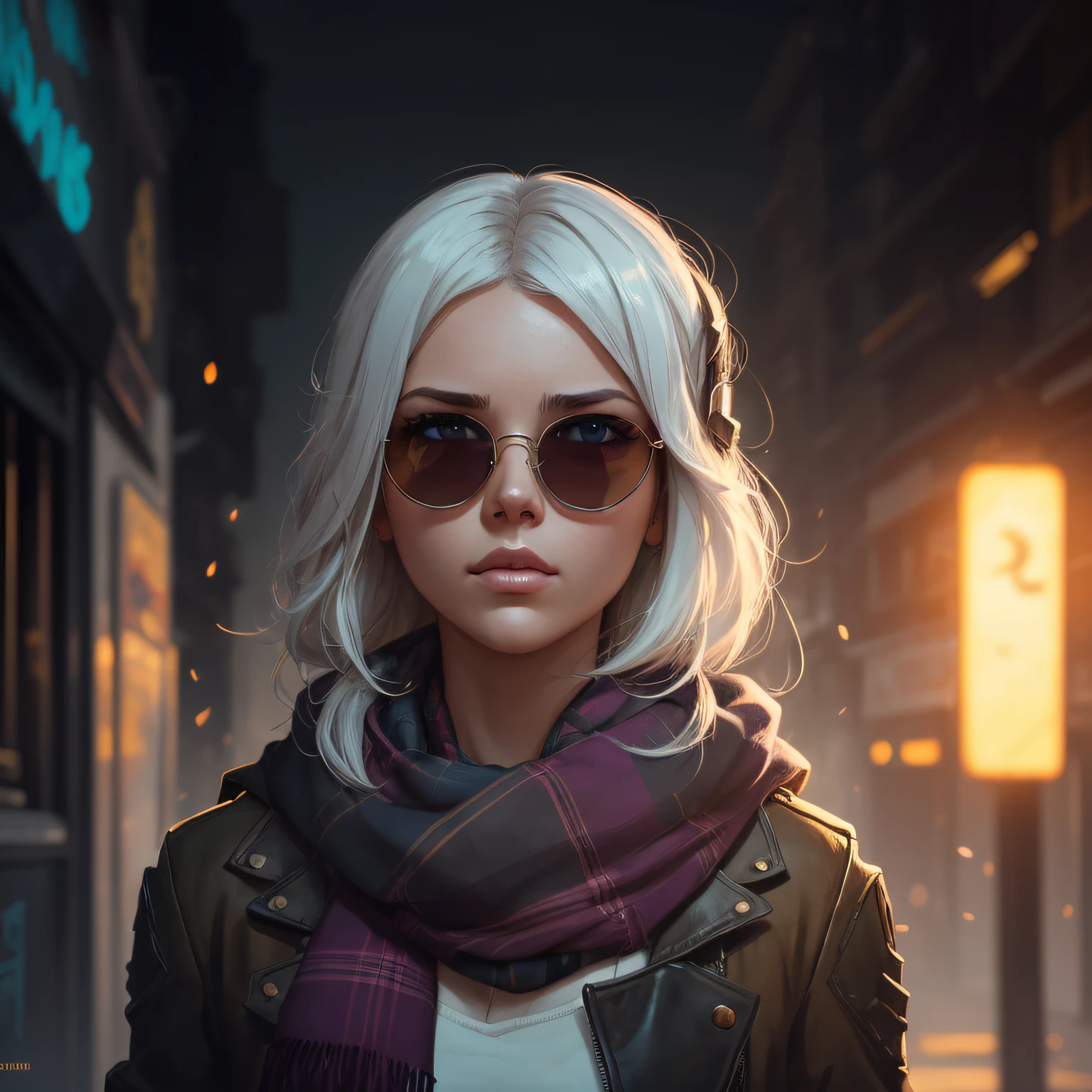 (dark shot:1.1), epic realistic, portrait of halo, sunglasses, blue eyes, tartan scarf, white hair by atey ghailan, by greg rutkowski, by greg tocchini, by james gilleard, by joe fenton, by kaethe butcher, gradient yellow, black, brown and magenta color scheme, grunge aesthetic!!! graffiti tag wall background, art by greg rutkowski and artgerm, soft cinematic light, adobe lightroom, photolab, hdr, intricate, highly detailed, (depth of field:1.4), faded, (neutral colors:1.2), (hdr:1.4), (muted colors:1.2), hyperdetailed, (artstation:1.4), cinematic, warm lights, dramatic light, (intricate details:1.1), complex background, (rutkowski:0.66), (teal and orange:0.4) --auto