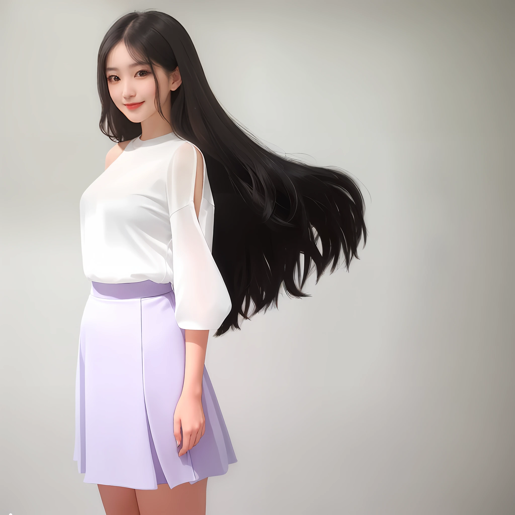 arafed woman with long black hair standing in a white shirt and purple skirt,asian girl with long hair,slong hair,Chinese female fashion model,Jaeyeon Nam,Gorgeous young Chinese woman,Smile sweetly,Long wind blows black hair,Long black hair,mid long hair,Floating long hair,china girl,black long hair,Beautiful young Chinese woman