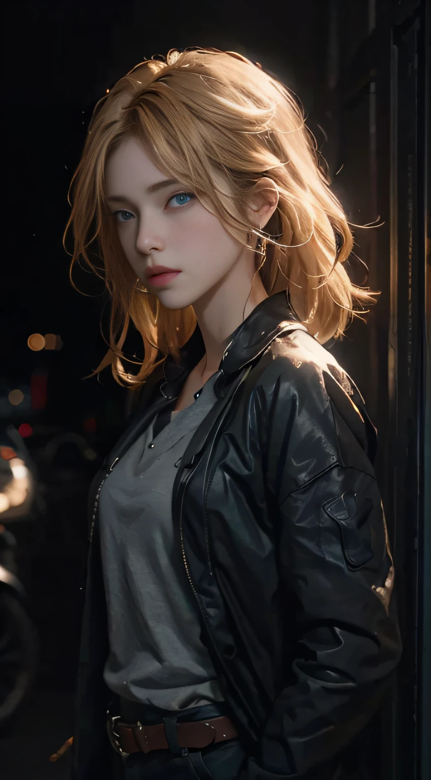 1girls,blondehair,Blue Eye,Detailed eyes and face,Black suit,Dynamic lighting,In the darkness,Deep shadows,offical art,Unity8k wallpapers,