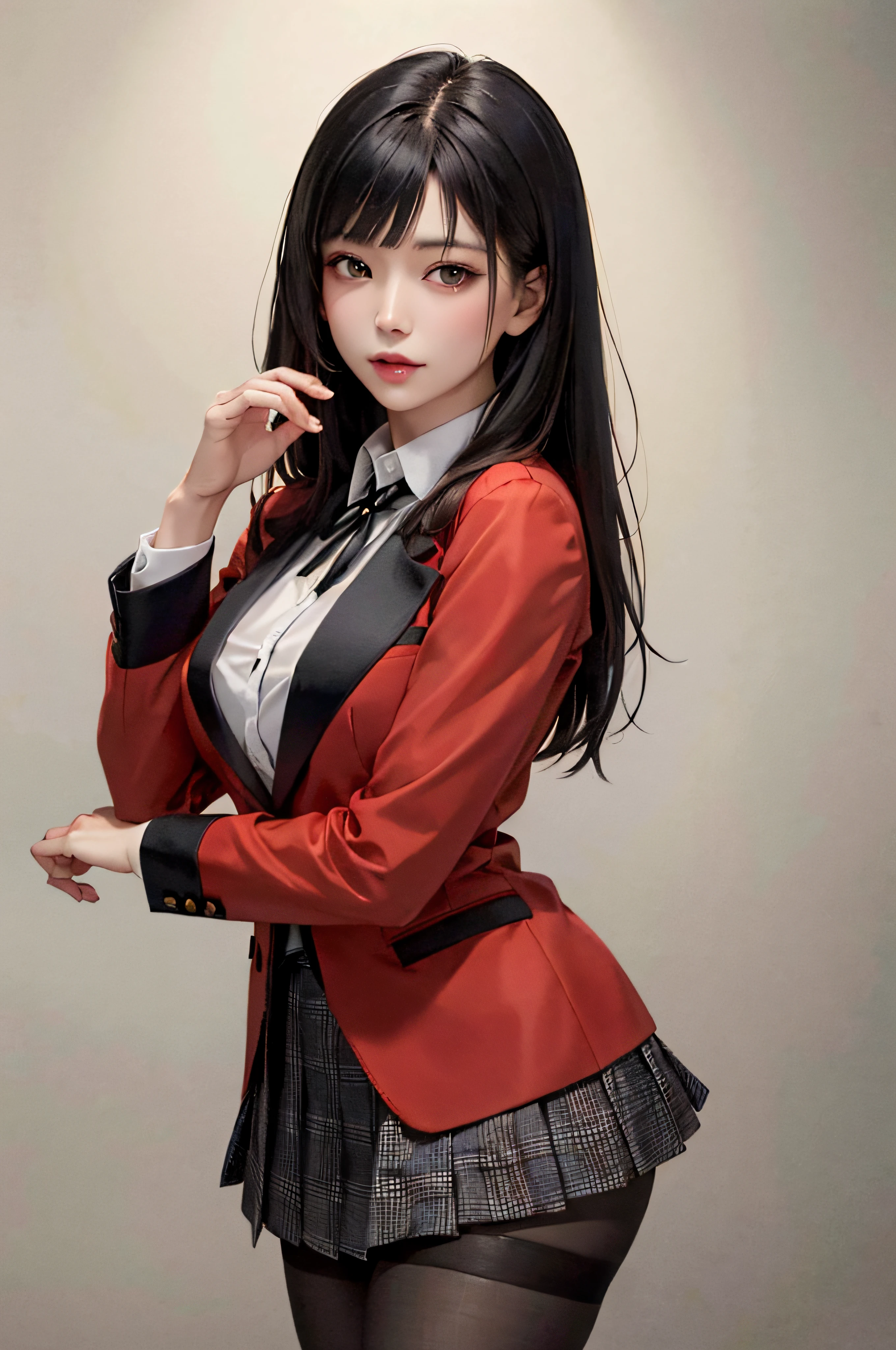 (miaobishenghua), masterpiece, best quality, 8k, detailed skin texture, realistic, detailed cloth texture, beautiful detail face, intricate detail, solo,
hmjy1, long hair, blunt bangs, school uniform, red jacket, black pantyhose, white shirt, black ribbon, pleated skirt, long sleeves, pose, cowboy shot, school background