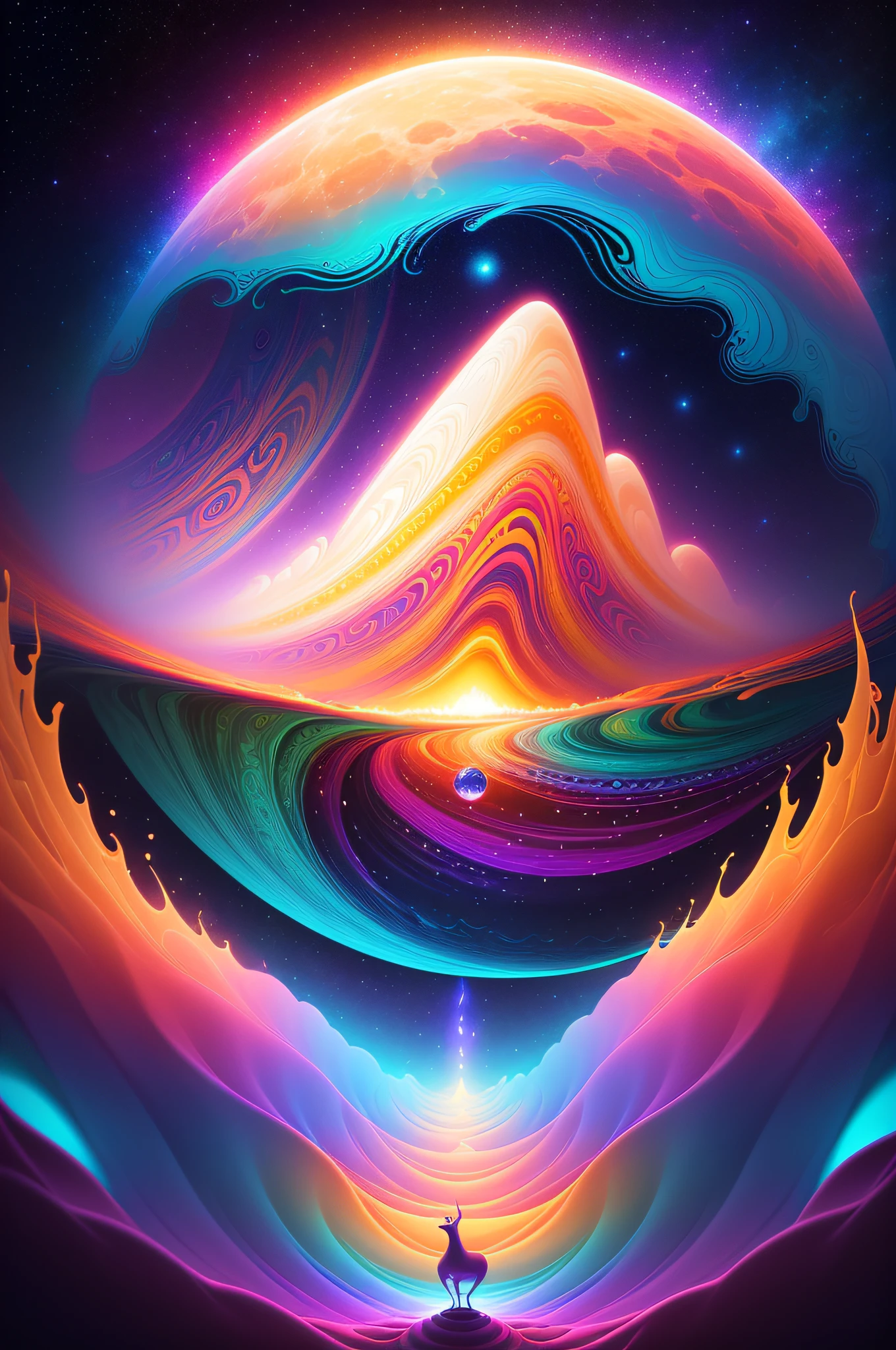 A deer standing on a moon shaped object in the sky and dreaming of electric sheep, blurry and dreamy illustration, calm night. Digital illustration, Blurred and dreamlike illustration, Amédée Ozenfant, dreamlike illustration, in astral plane)) ), colorful plane surreal ethereal, in cosmic realm, in surreal dreamy landscape, light shadows, waves, multiple layers, Foreground, vista, fractal thunder Dan Mumford, Dan Mumford and Alex Gray style, psychedelic surreal art, surreal psychedelic design, fantasy art style, illusion psychedelic art, infinite psychedelic waves , inspired by Cyril Rolando, real ripple structure, psychedelic art style, psychedelic art, psychedelic illustration -- V6