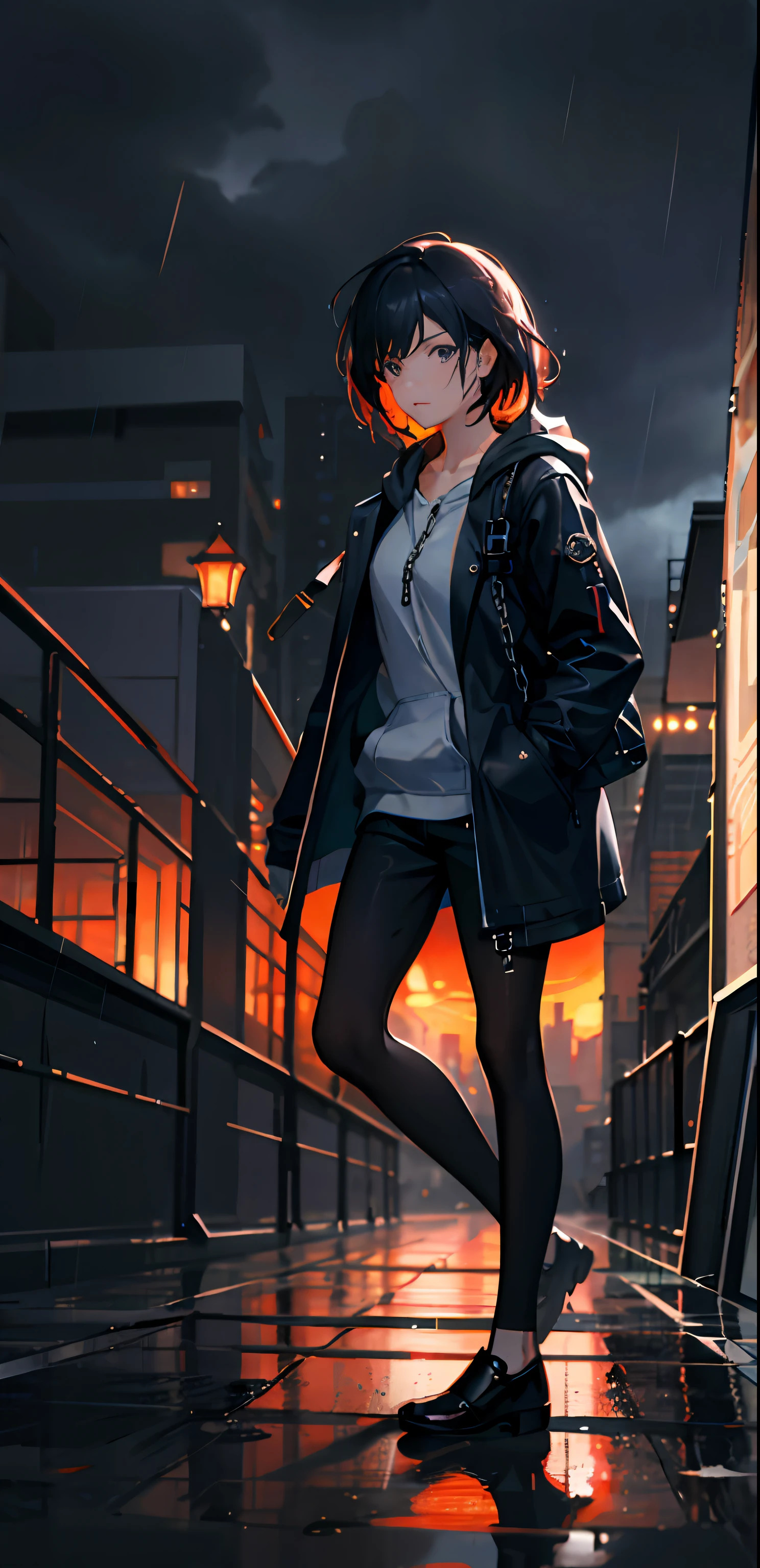 1girl, jacket, rain, outdoor, hoodie, open jacket, chain, backpack, looking at another, messy hair, trending on artstation, 8k resolution, highly detailed, anatomically correct, sharp image, digital painting, concept art, trending on pixiv, style of makoto shinkai,